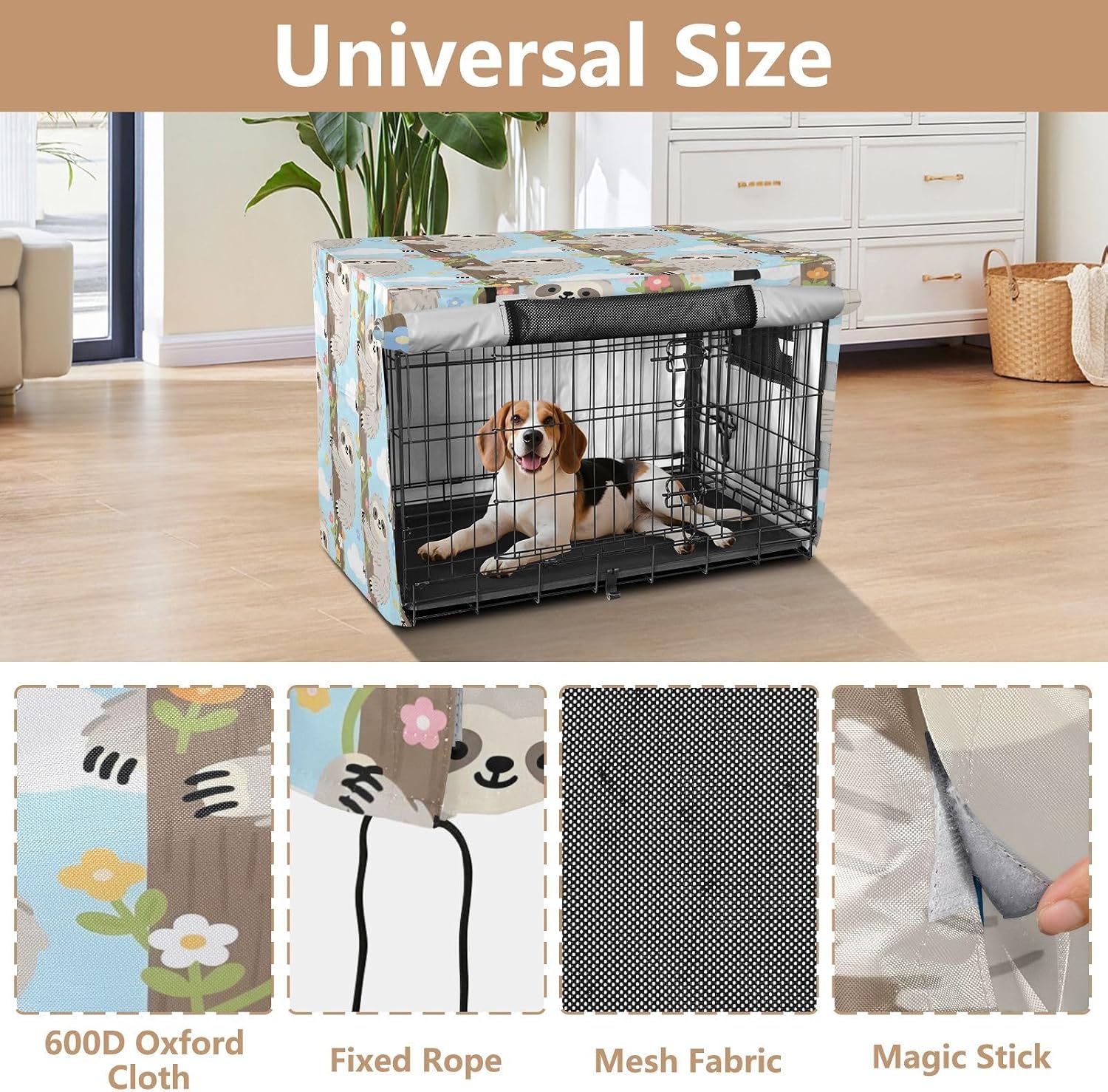 Cartoon Sloth Dog Crate Cover 600D Oxford Pet Kennel Cover with Mesh Window for Dog Cages, Windproof Waterproof Machine Washable, 48"x30"x33"