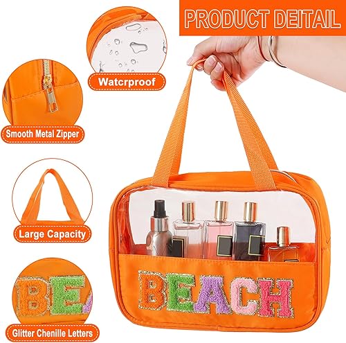 Miniatura 6 de Bolsa transparente de felpilla con parches de letras, bolsa de maquillaje transparente de PVC y nailon multiusos con asas, bolsa grande de
