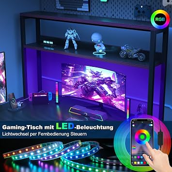 Devoko 160 x 120 cm Gaming Table with Sockets and USB Ports Black Desk with LED Corner Desk Gaming Desk Computer Desk with Storage Steel Frame