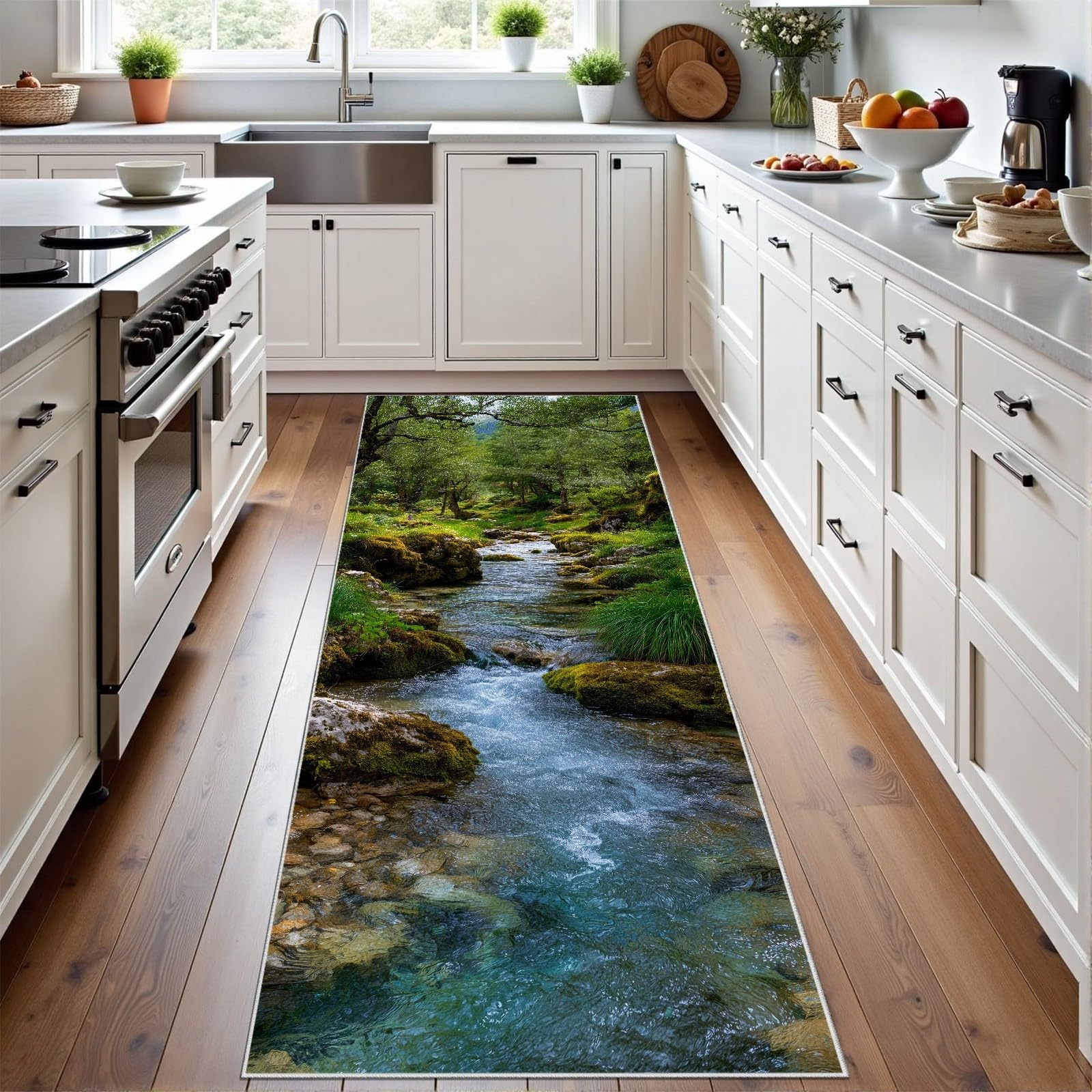 Wald Creek Teppich Läufer, Küchenteppich Moos Felsen Teppiche Waschbarer rutschfest 80x200 cm, Natur Bachtal Teppichläufer, Carpet für Flur Schlafzimmer Küche