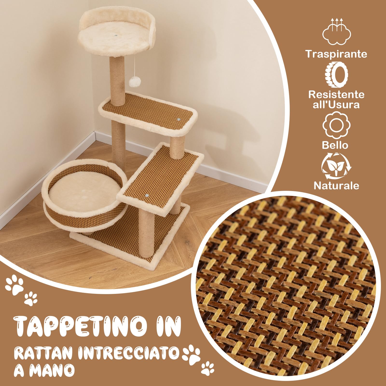 COSTWAY Torre per Gatti Interno, Albero per Gatti a 4 Livelli con Tappetino in Rattan, Palla, Tiragraffi, Piattaforma, Letto e Tappetino Peluche Rimovibile, Centro Attività per Gatto Piccolo e Medio