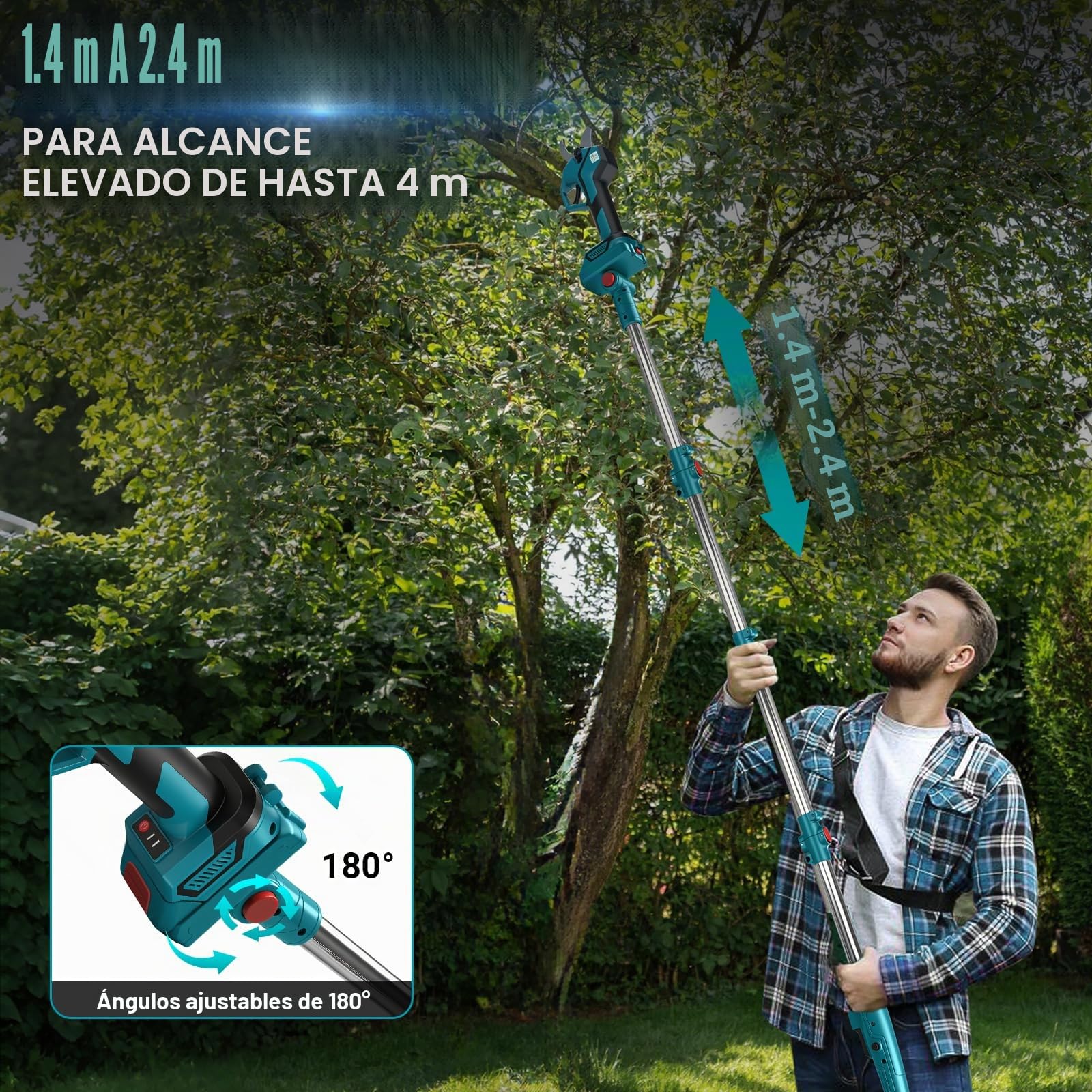 Tijeras de podar telescópicas con percha telescópica con 21V 4000 mAh | 50 mm 2 en 1 Sierra de poda eléctrica inalámbricas Tijeras de batería para makita 18v para podar árboles, árboles frutales