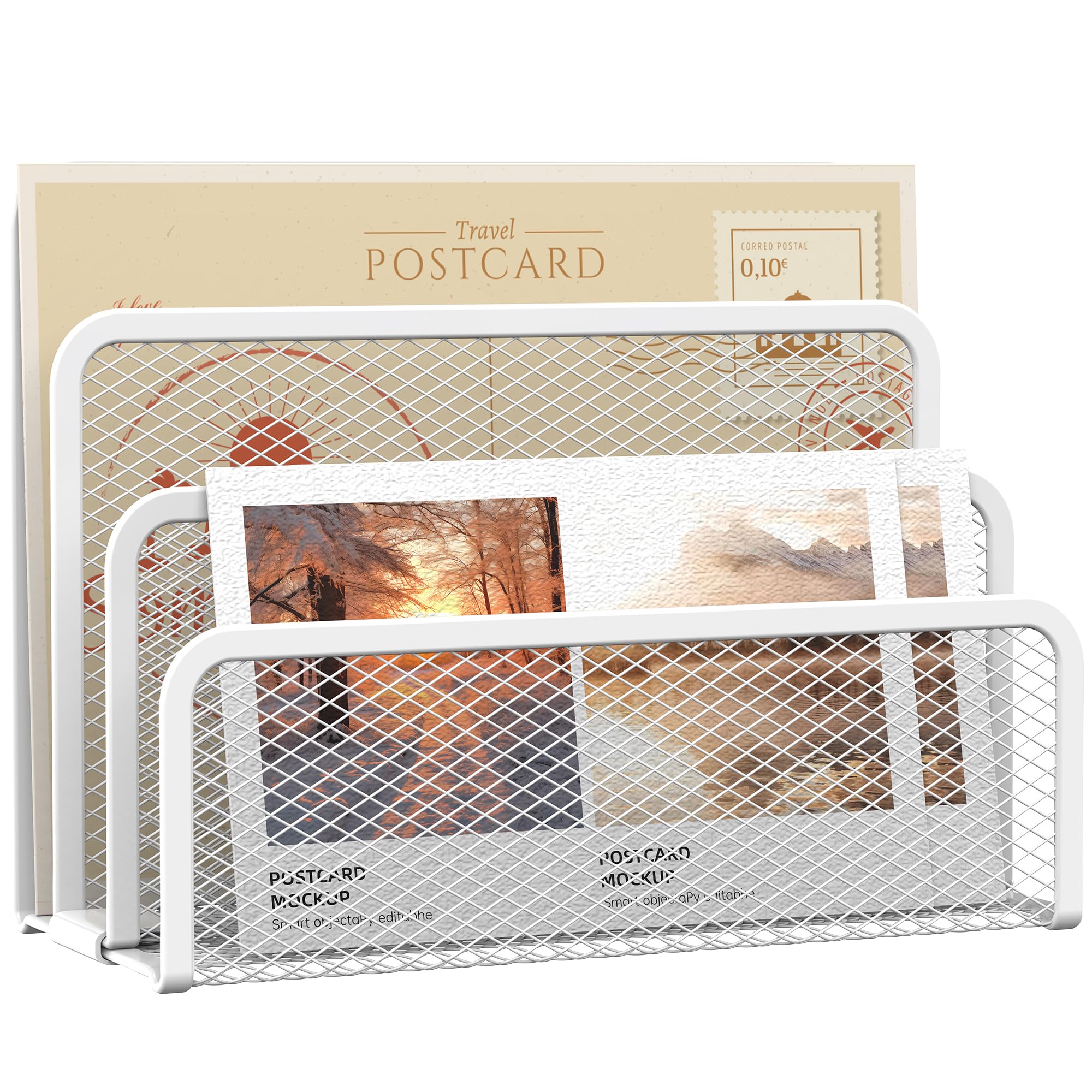 SUPEASYMail Organizer, Desktop File Organizer Mesh Metal Mail Holder Countertop with 3-Slot, Letter Sorter File Holder, Office Envelope Organizer for Mails (White)