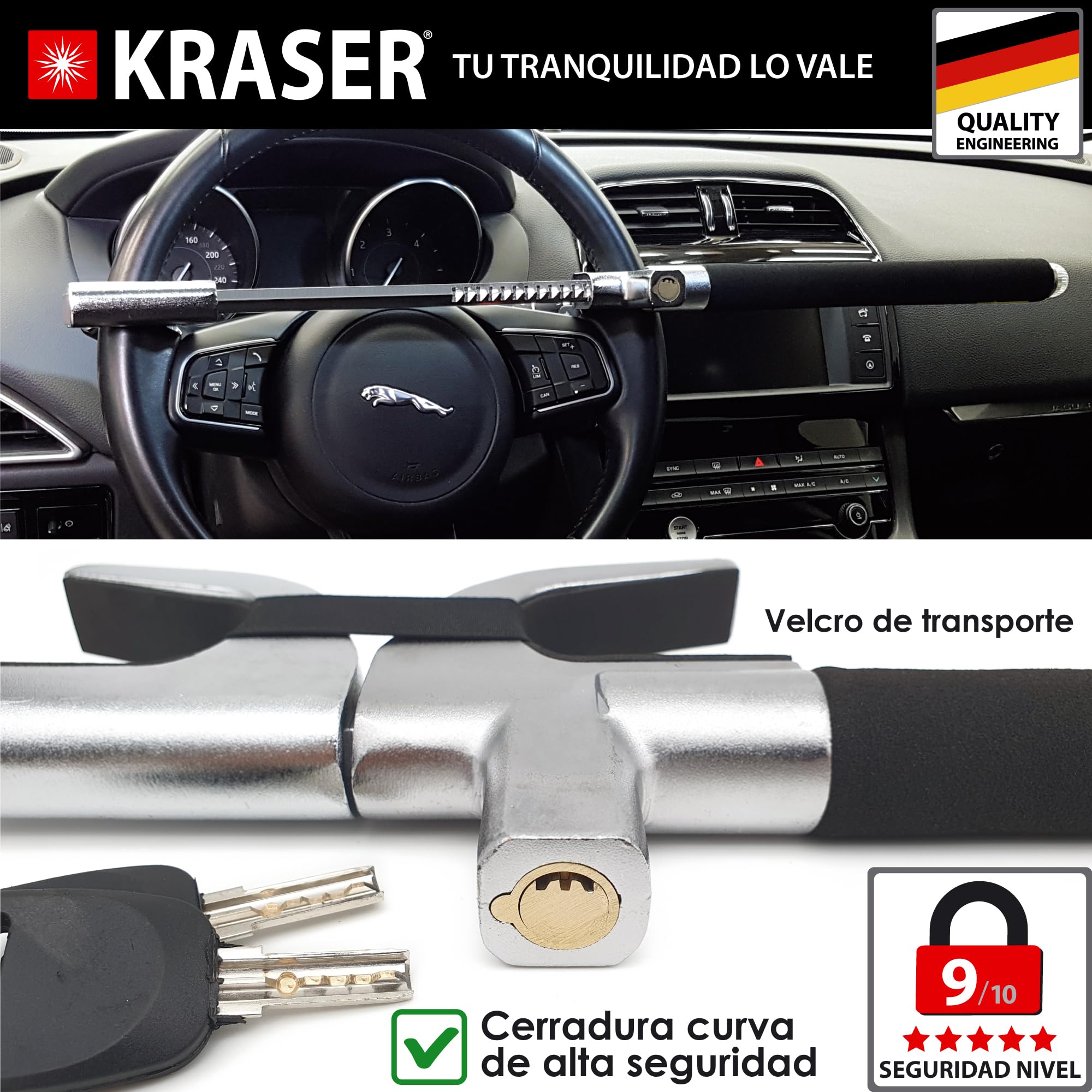 KRASER WA839B Antirrobo Coche, Alta Seguridad, Barra Volante Reforzada, Muy Visible y Disuasorio, Bloqueo Más Ajustable, Martillo Emergencia, Cepo Coche Universal SUV Furgoneta Autocaravana