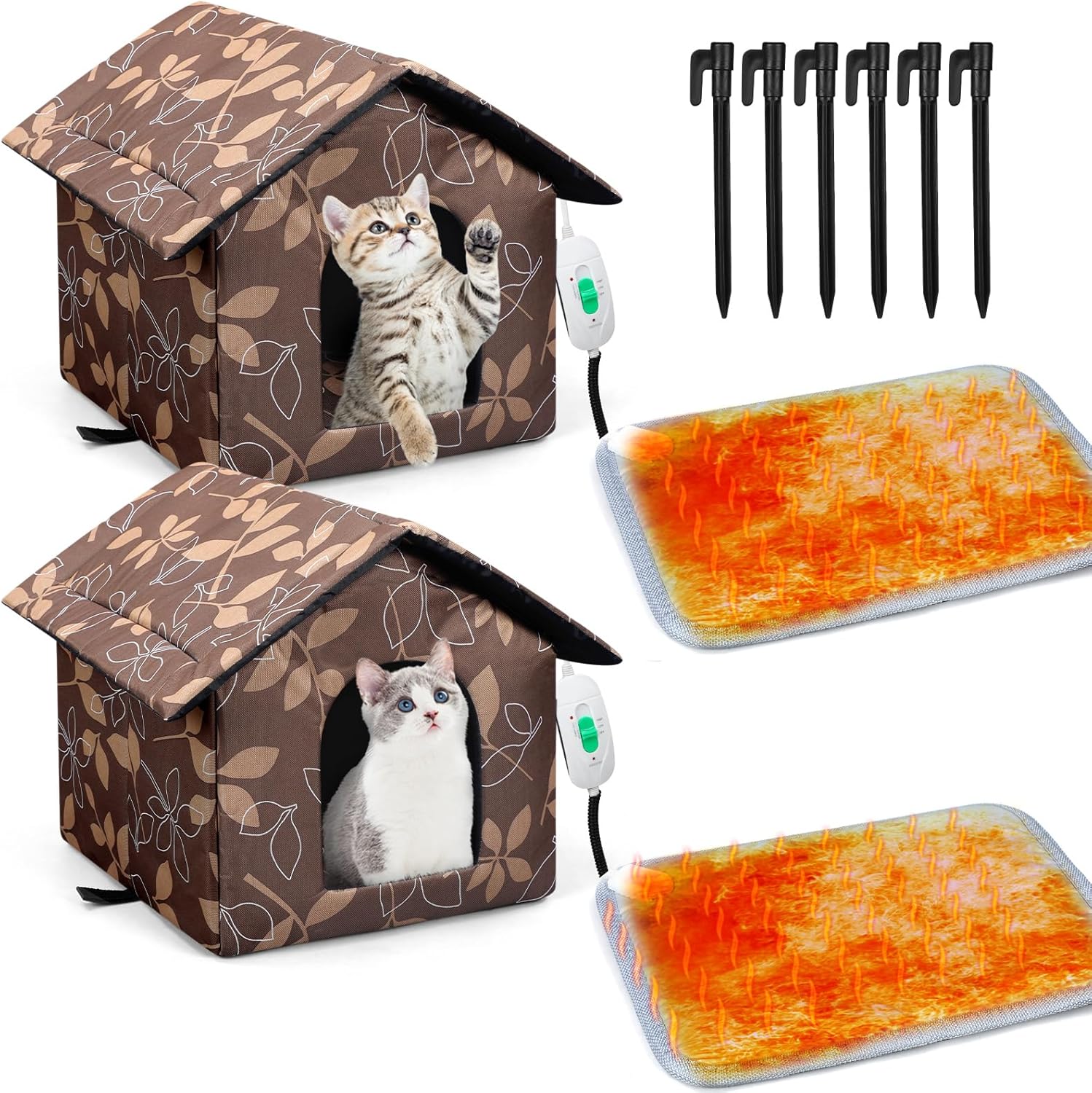 4 Pcs Heated Cat House Outdoor Weatherproof Enclosures with Heating Pad Foldable Cat Shelter Indoor Pet Cave with Tent Stakes for Pet Winter Outside(Leaves Style)