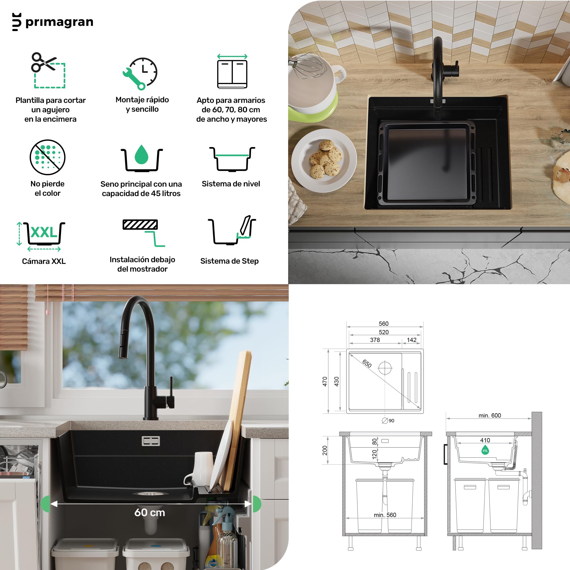 PRIMAGRAN Fregadero bajo Encimera Todo Negro - Prague Step, 56x47cm | Cocina 1 Seno + Set de accesorios, Granito al Mueble 60cm (S367)