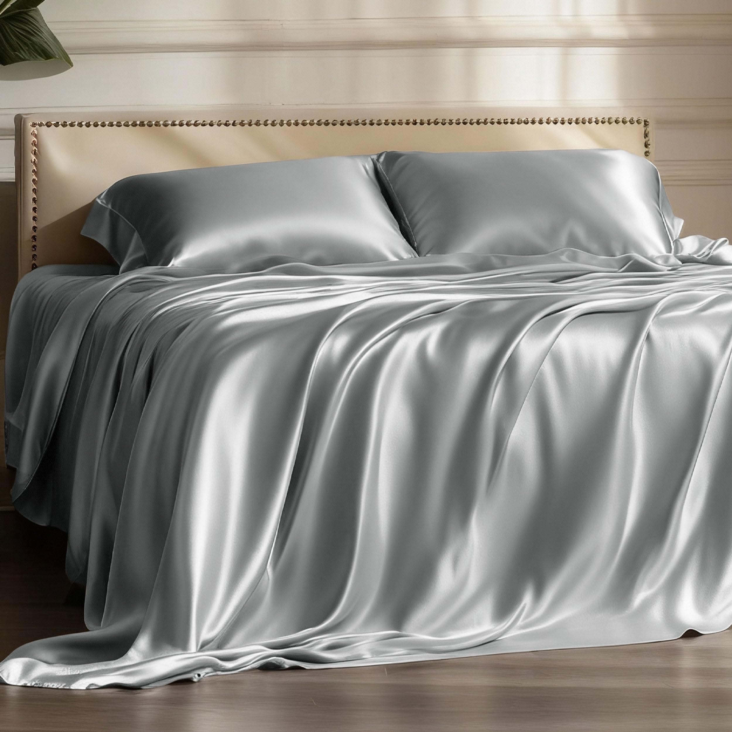 Bedsure Satin Sheets Queen Size - 4 Piece Silky Bedsheets with Elastic Corner Straps and 15 Inches Deep