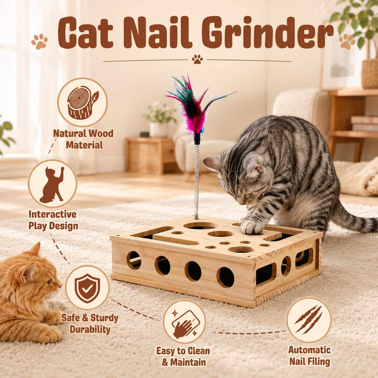 Katzen Kratzpuzzle 2-in-1 Nagelfeilen Box mit Sandpapier, Interaktives Katzenspielzeug Holz für Stressfreie Krallenpflege & Möbelschutz, Kratzbrett Ersatz für Wohnungskatzen, Natur
