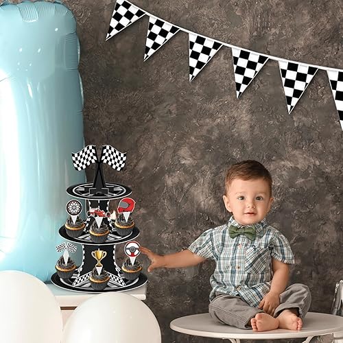 Miniatura 7 de Soporte para cupcakes de auto de carreras de 3 niveles con 24 adornos para tartas, decoraciones de fiesta de cumpleaños, temática de autos