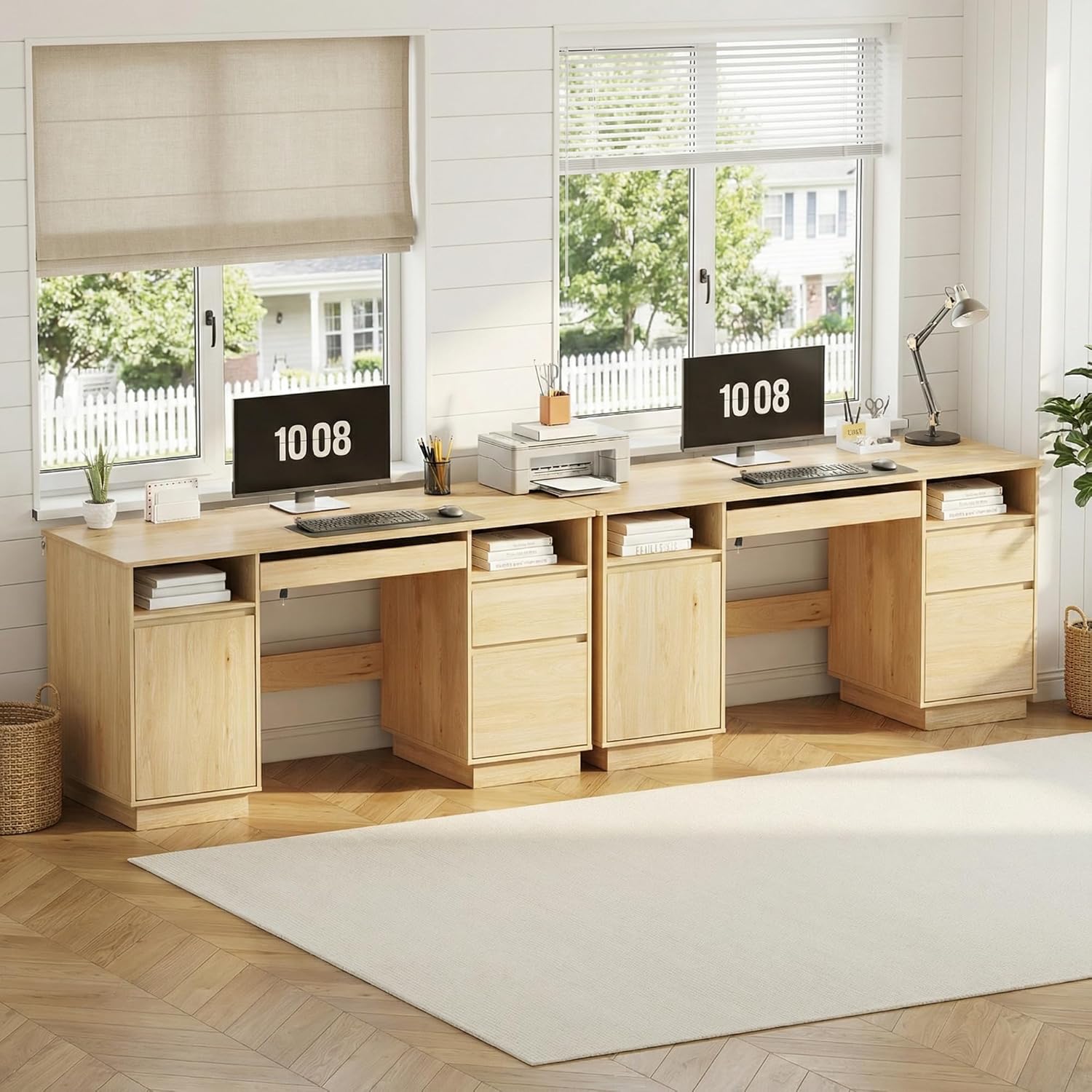FUNKOCO 58" Modern Executive Desk with Drawers, Office Desk with File Drawer & Open Storage & Power Outlet, Keyboard Tray, Wooden Computer Desk for Home Office & Studio