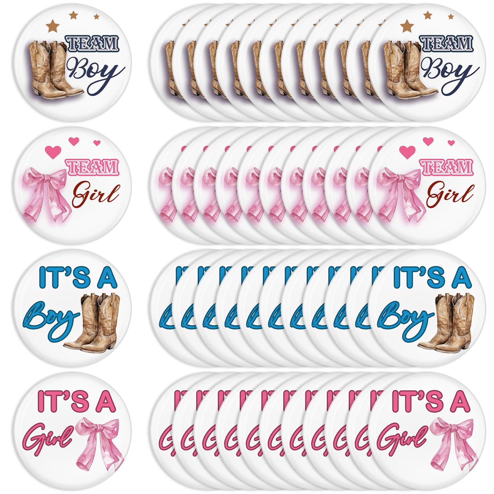 Highergo 48 Pcs Boots or Bows Gender Reveal Pins Team Boy or Girl Pins Western Cowboy or Cowgirl Gender Reveal Games Decorations Blue and Pink Button