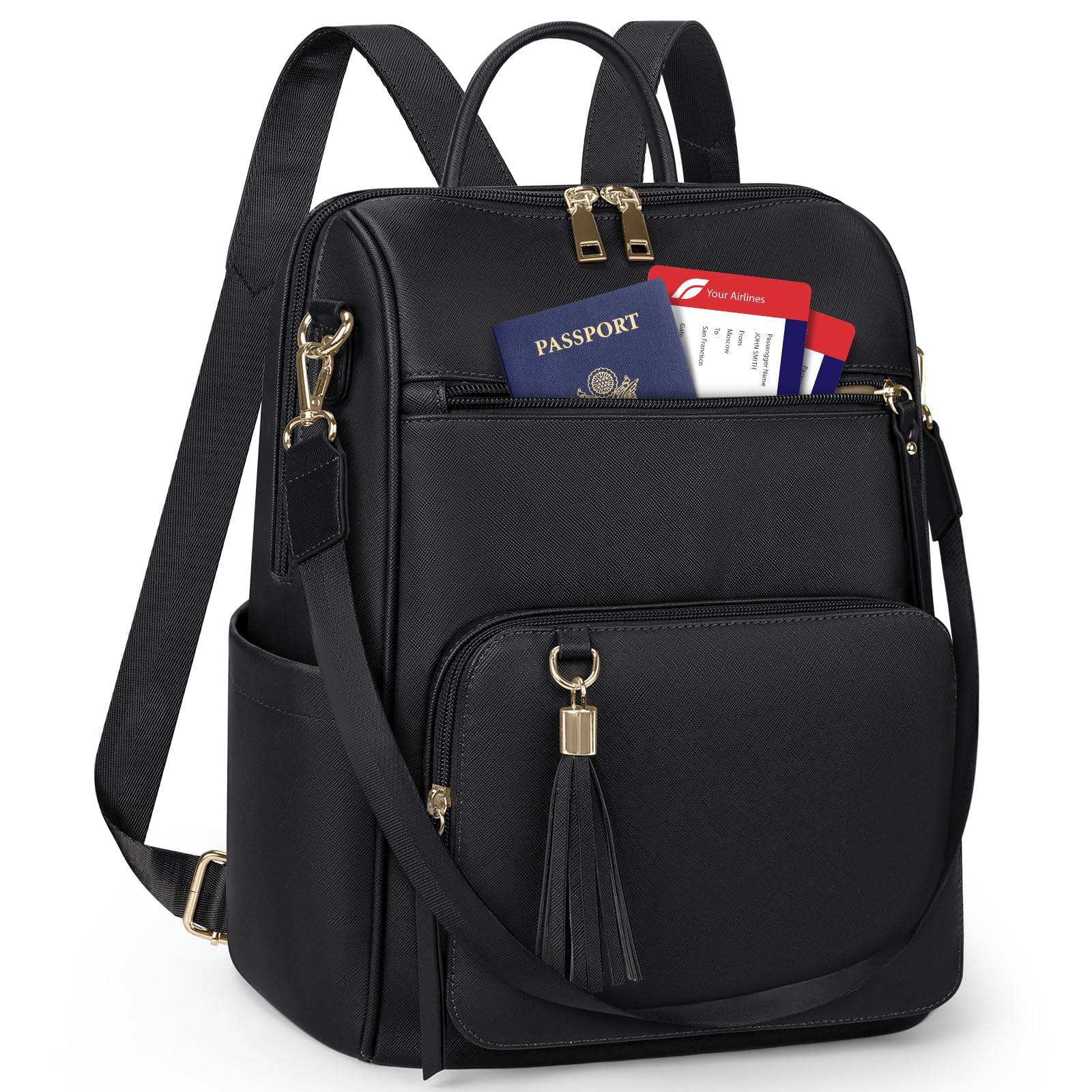 Backpack Purse for Women Leather Travel Backpack Purse Waterproof Anti Theft Fashion Small Casual Mini Daypacks Purse Ladies Convertible Shoulder Bag Travel bag with Tassel, Black