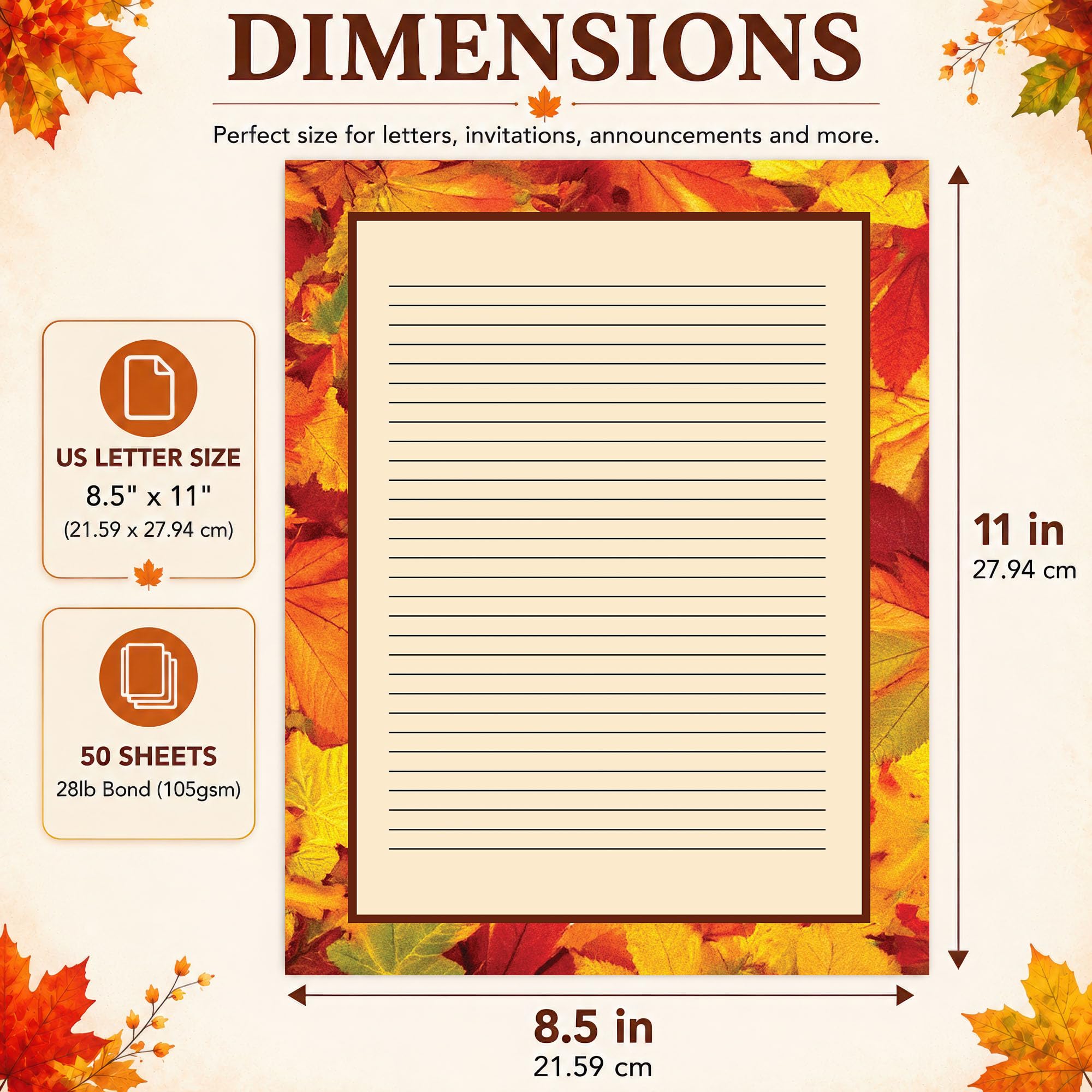 Papier à lettres avec feuilles d'automne – Papier à lettre ligné d'automne – 125 feuilles – 21,6 x 27,9 cm – Papier d'impression décoratif d'automne