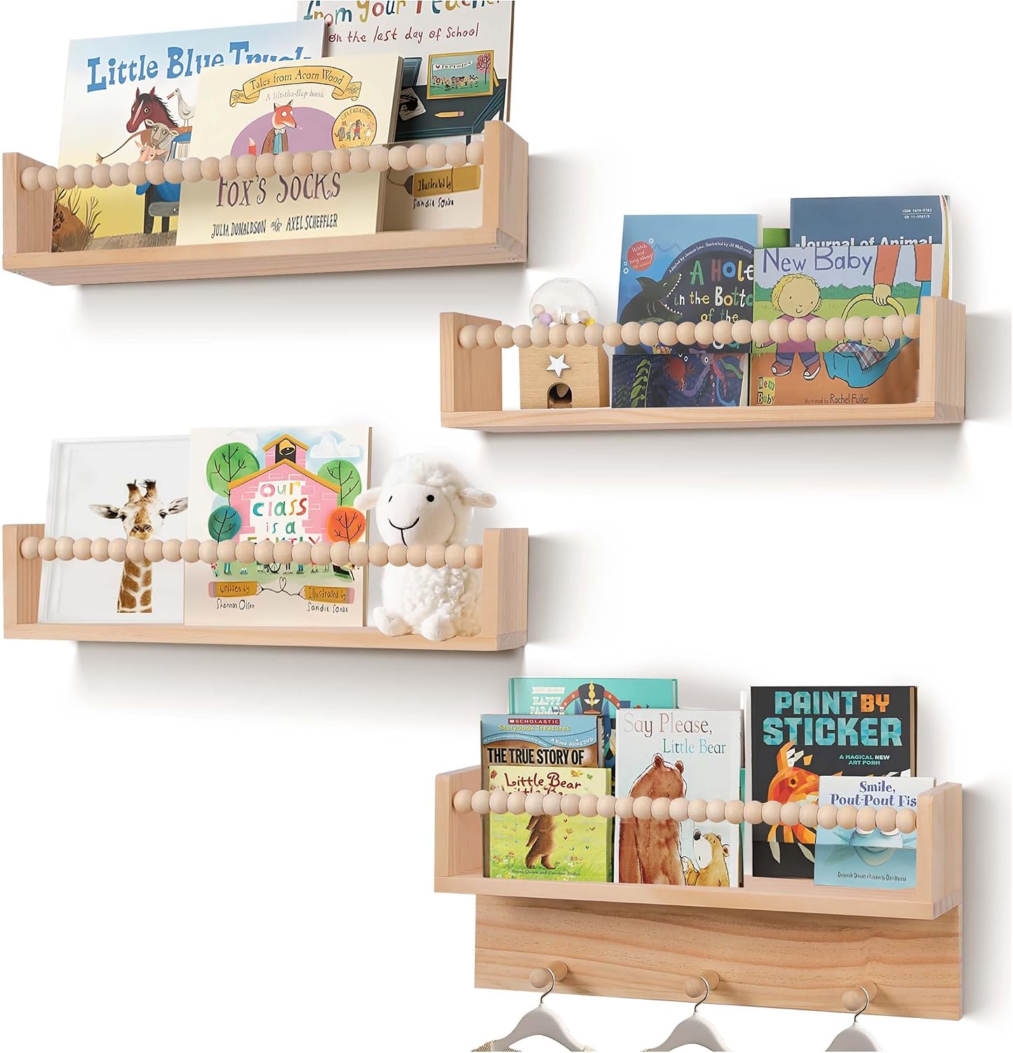 BOMID Wall Bookshelves,Set of 4 Natural Wood Floating Bookshelf,Nursery Shelves,Floating Book Shelves for Wall(Burlywood)