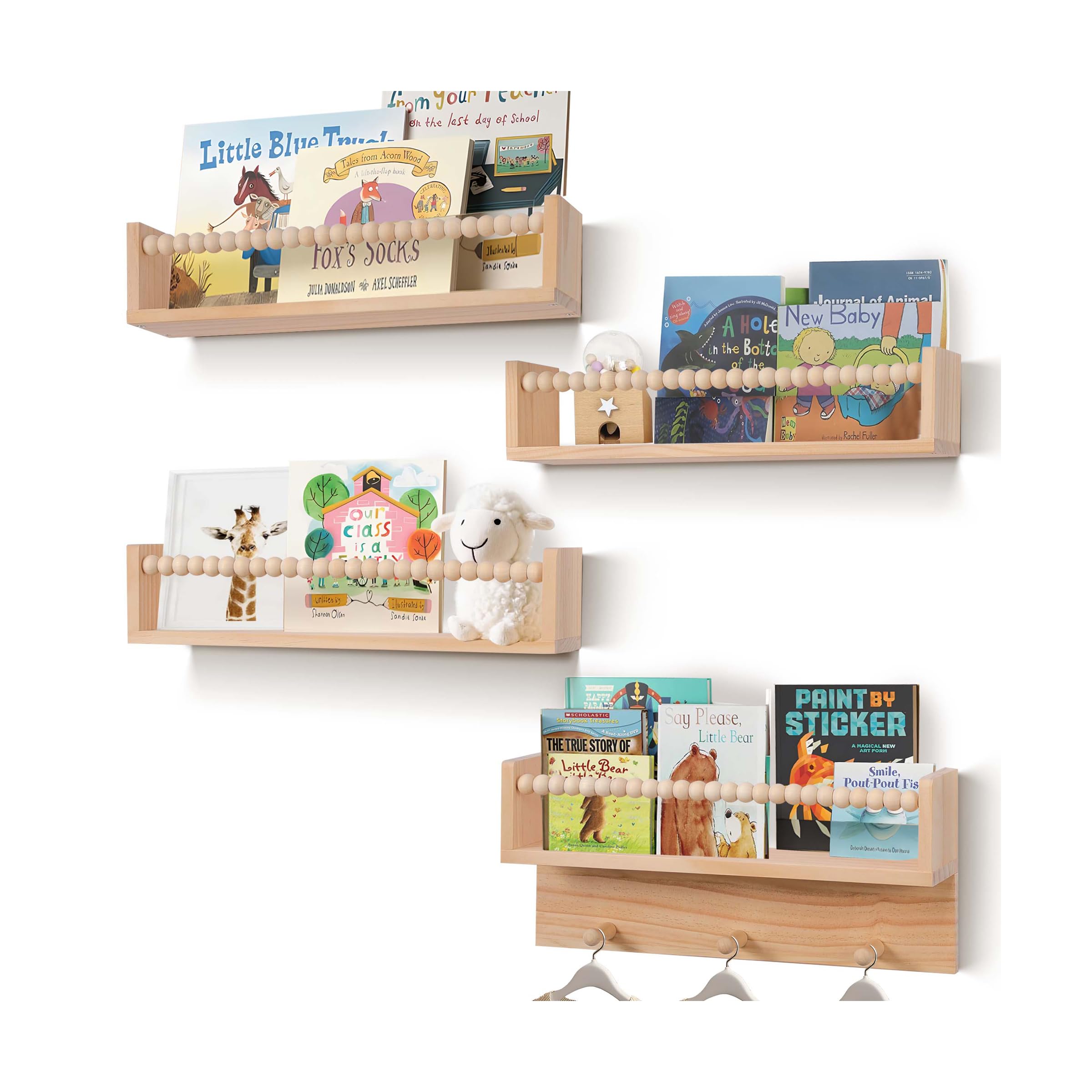 BOMID Wall Bookshelves,Set of 4 Natural Wood Floating Bookshelf,Nursery Shelves,Floating Book Shelves for Wall(Burlywood)