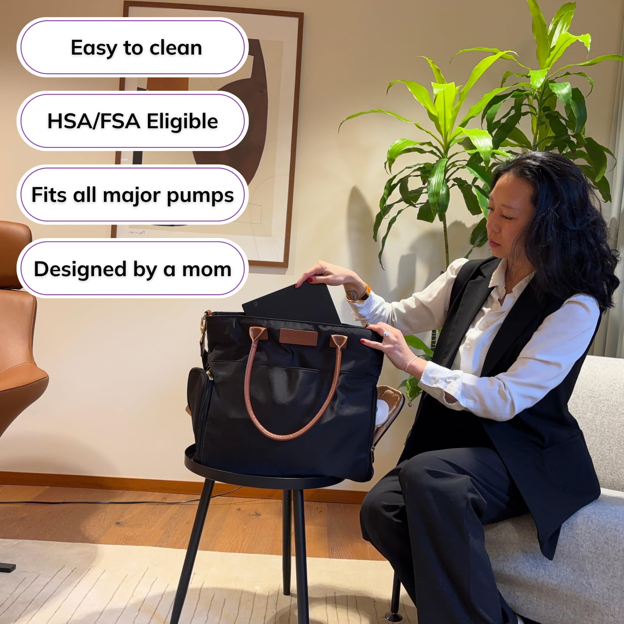 Abby Sac fourre-tout pour tire-lait avec sangles en cuir véritable – Sac de pompage élégant avec poches isothermes, rangement pour ordinateur portable et intérieur facile à nettoyer – Pour le travail