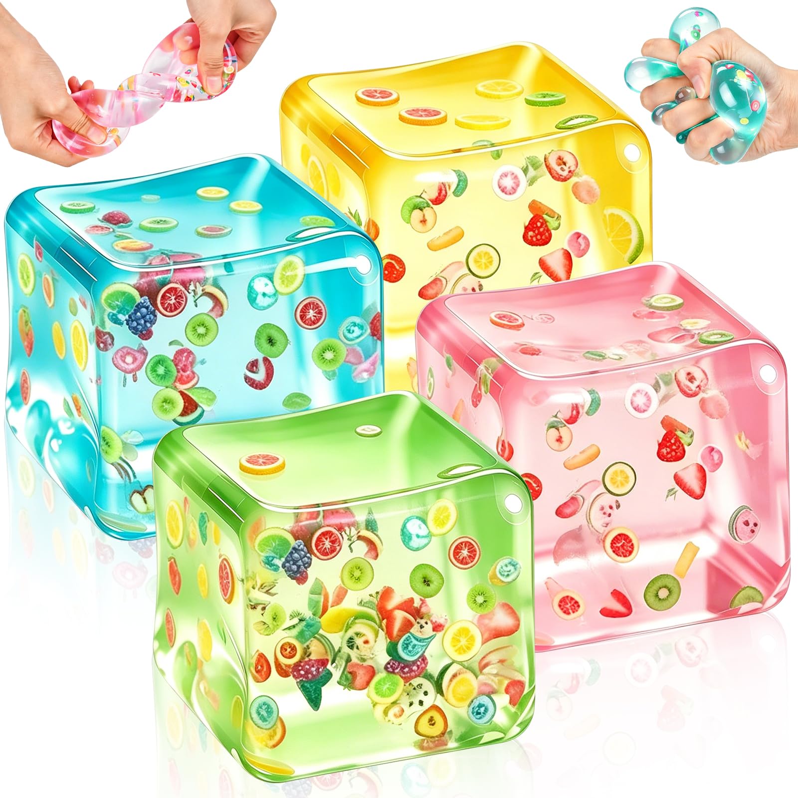4 PCS Ice Cube Squishy, Squishy Cube, Squeeze Toys with Floating fruit Sequins, Slow Rise Soft Sensory Anxiety Relief Fidget Toys for Home Office Desk Toy (4.5 cm)