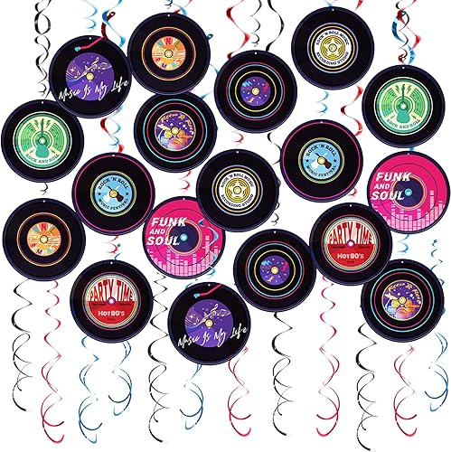 Remolinos colgantes de fiesta de rock and roll, 48 unidades, decoración de fiesta de discoteca temática musical, diseño de disco de vinilo para
