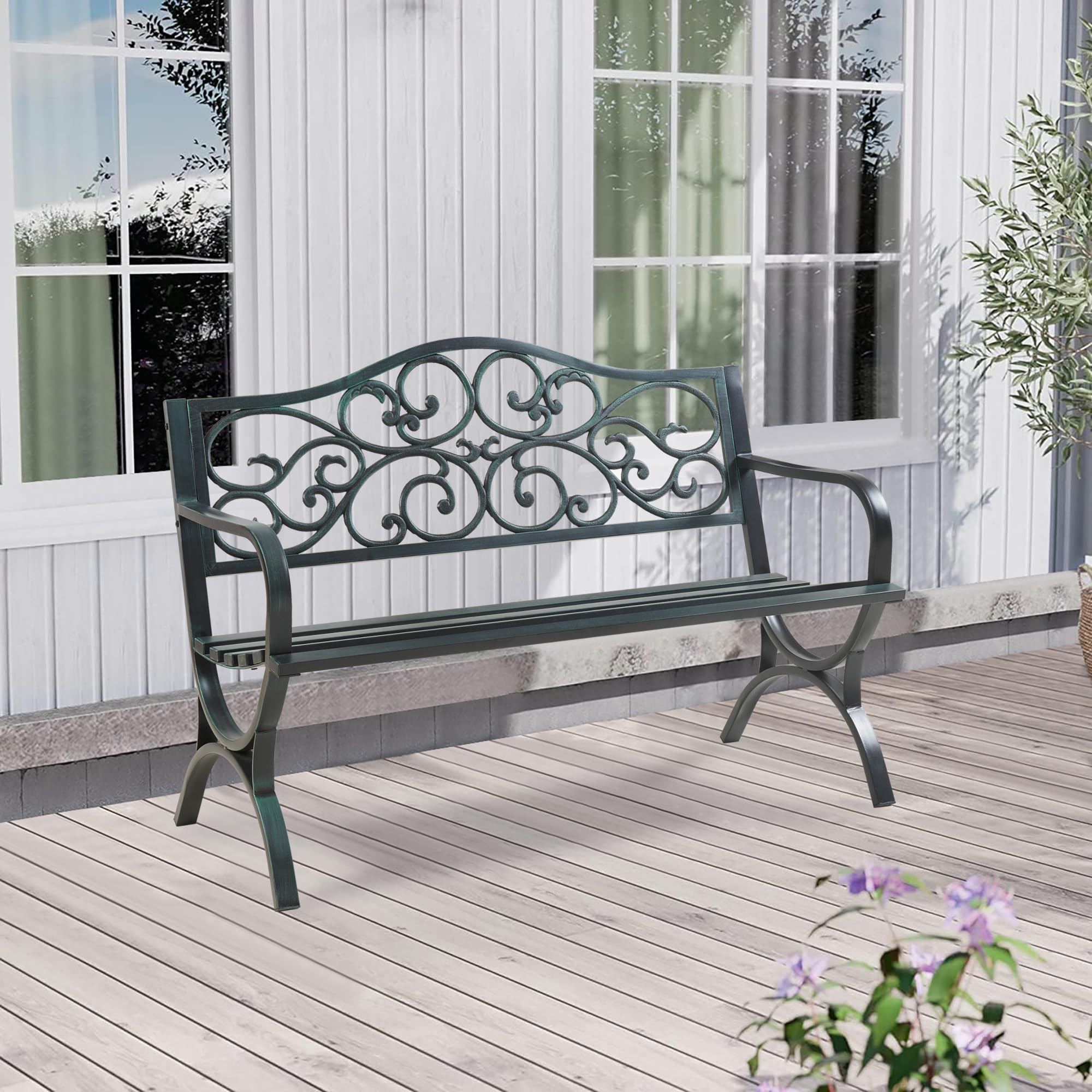 casa.pro Banco de Jardín Exterior Utav Resistente Sofá de 3 Plazas con Respaldo y Reposabrazos Diseño Vintage para Terraza Patio máx. 300 kg Acero 127 x 53 x 79 cm - Gris Oscuro con Pátina Verde