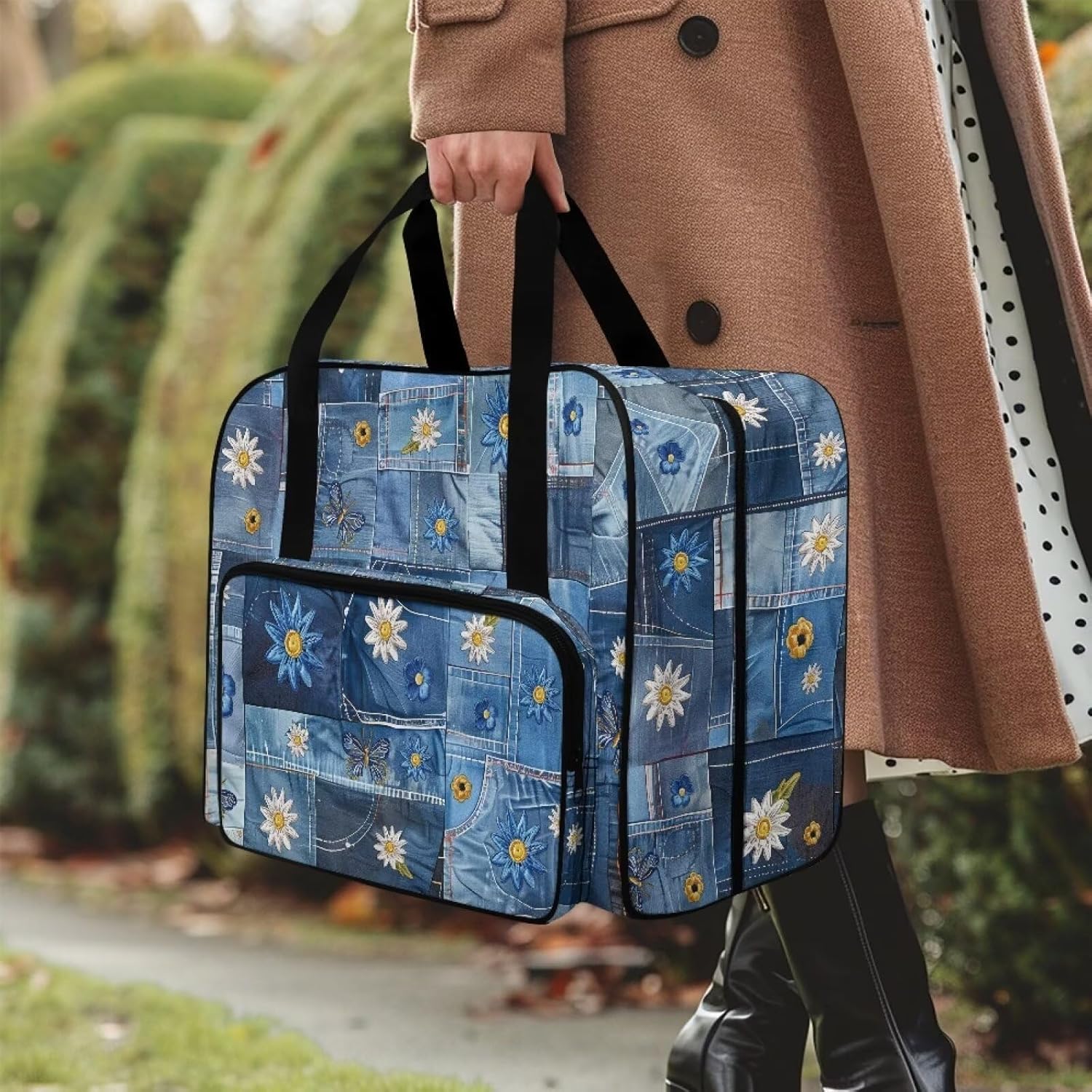 Sewing Machine Tote Bag Roomy Sewing Storage Dust Bag Versatile Sewing Machine Organizer Bag Portable Sewing Machine Carrying Case, Daisy Patchwork Denim Print