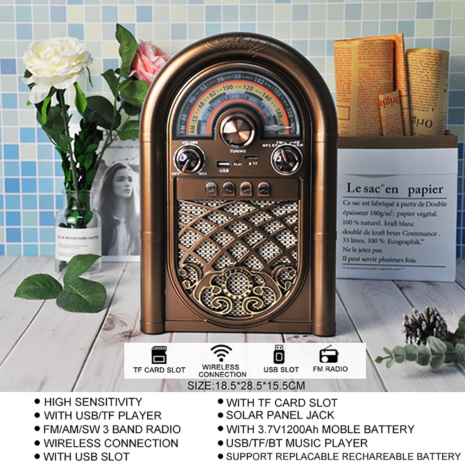 Radio Rétro Portable À Ondes Courtes, Radio Vintage avec Haut-Parleur Bluetooth Et Lecteur De Carte TF, Boîtier Imitation Bois, pour La Maison, Les Amis Ou La Cuisine en Extérieur