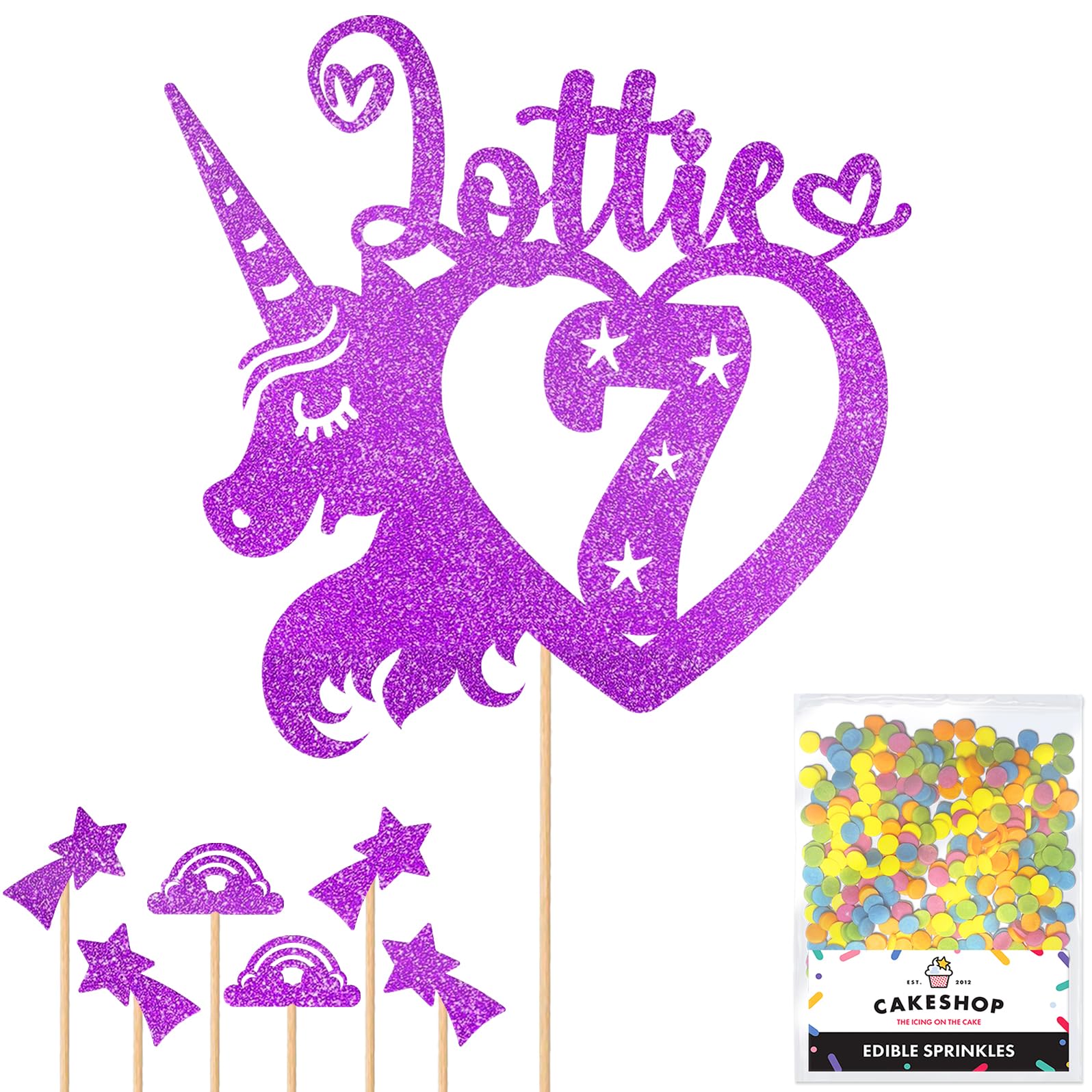 Personalised Unicorn Heart Glitter Cake Topper- Purple Any Custom Age & Name Glitter Cake Decoration and Sprinkles - Happy Birthday Decorations - Personalised Toppers for Cakes by Cakeshop