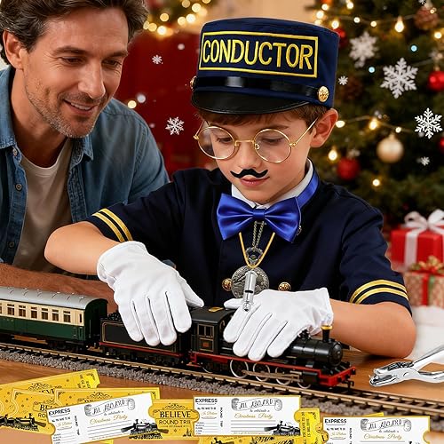 Miniatura 5 de 32 piezas de accesorios de disfraz de conductor de tren de Navidad con sombrero de conductor "Believe", reloj de bolsillo para boleto y silbato de