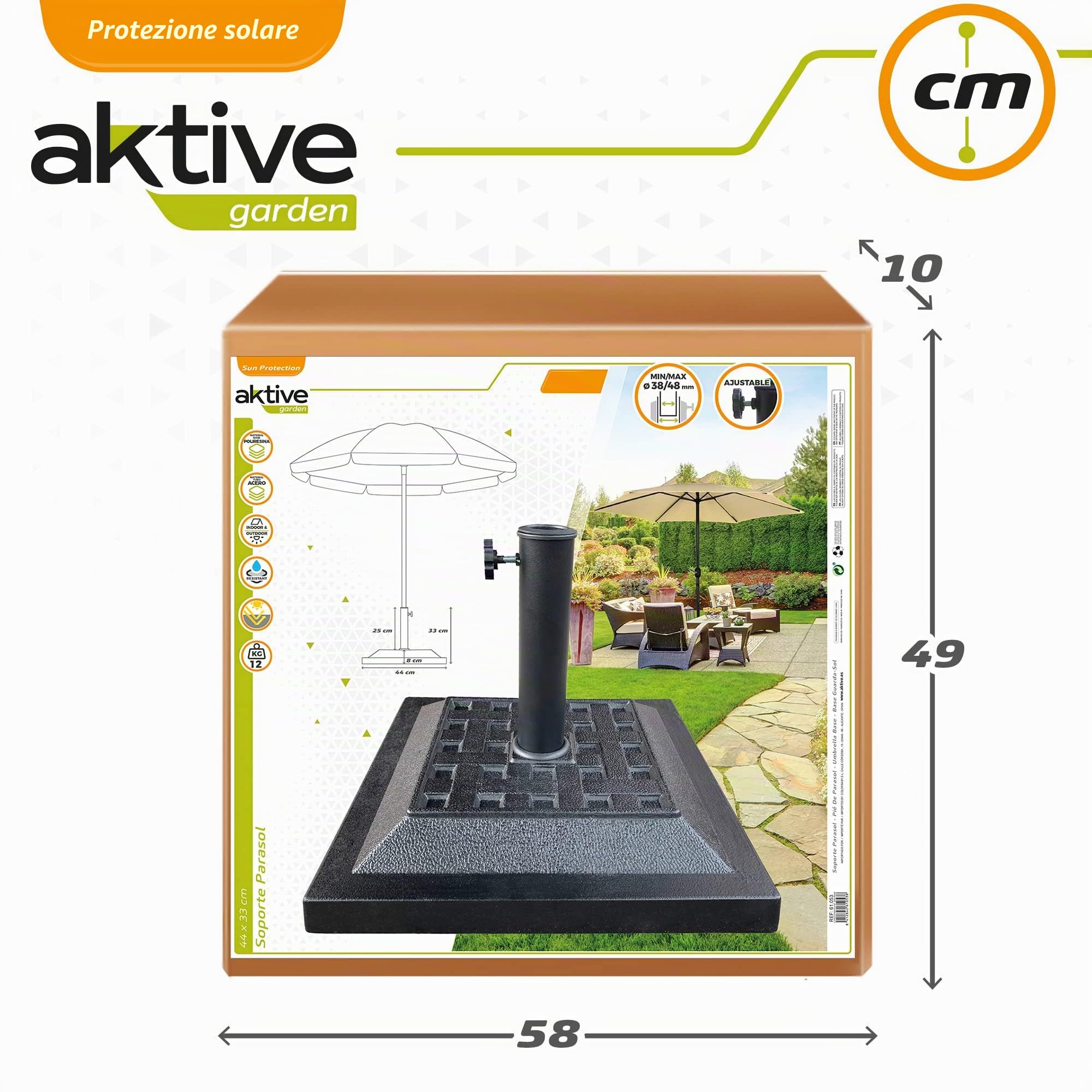 AKTIVE Supporto per ombrellone, base per ombrellone, palo da 38-48 mm, 44x44x33 cm, nero, materiale in poliresina, base per ombrellone da giardino, quadrata, 12 kg, Giardino