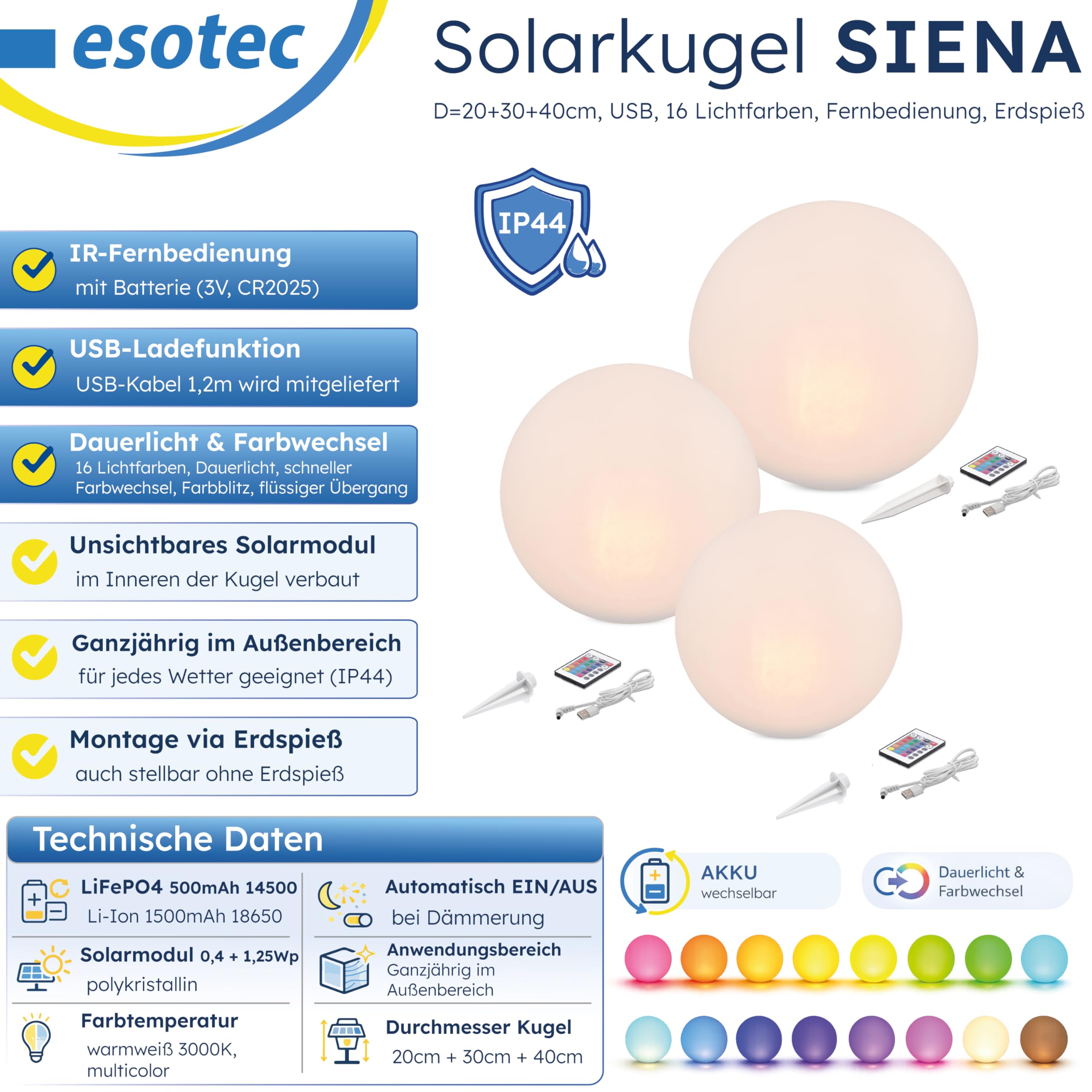 Esotec Solarkugeln Siena, 3er Set, multicolor, 20+30+40cm, Fernbedienung, USB, 16 Leuchtfarben, Akku, Solarmodul, Erdspieß, Solarleuchte, Kugelleuchte, außen, winterfest, wetterfest, 102895
