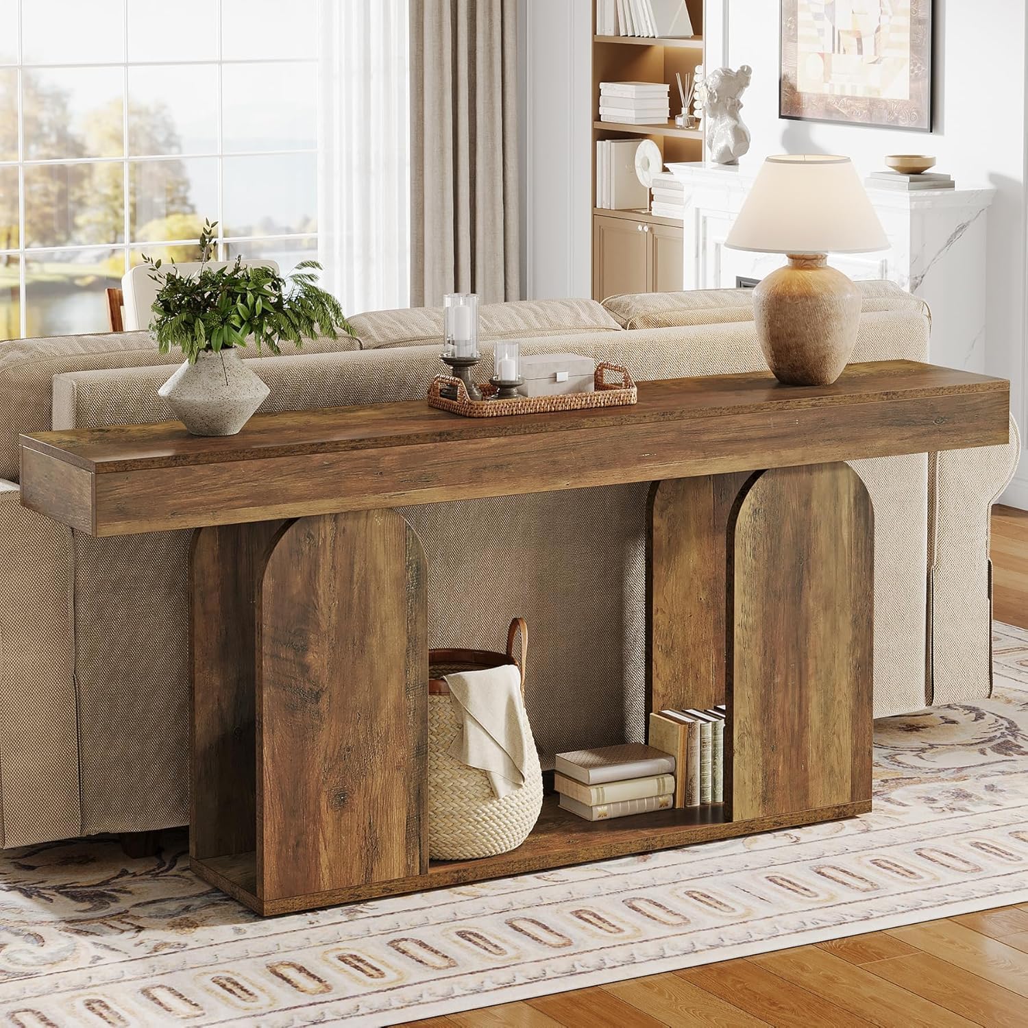 Tribesigns 160 cm Consolle Ingresso, Tavolo Consolle in Legno Industriale Dietro il Divano con Gambe con Motivo Retrò Cavo per Soggiorno, Corridoio, Ingresso, Marrone Rustico