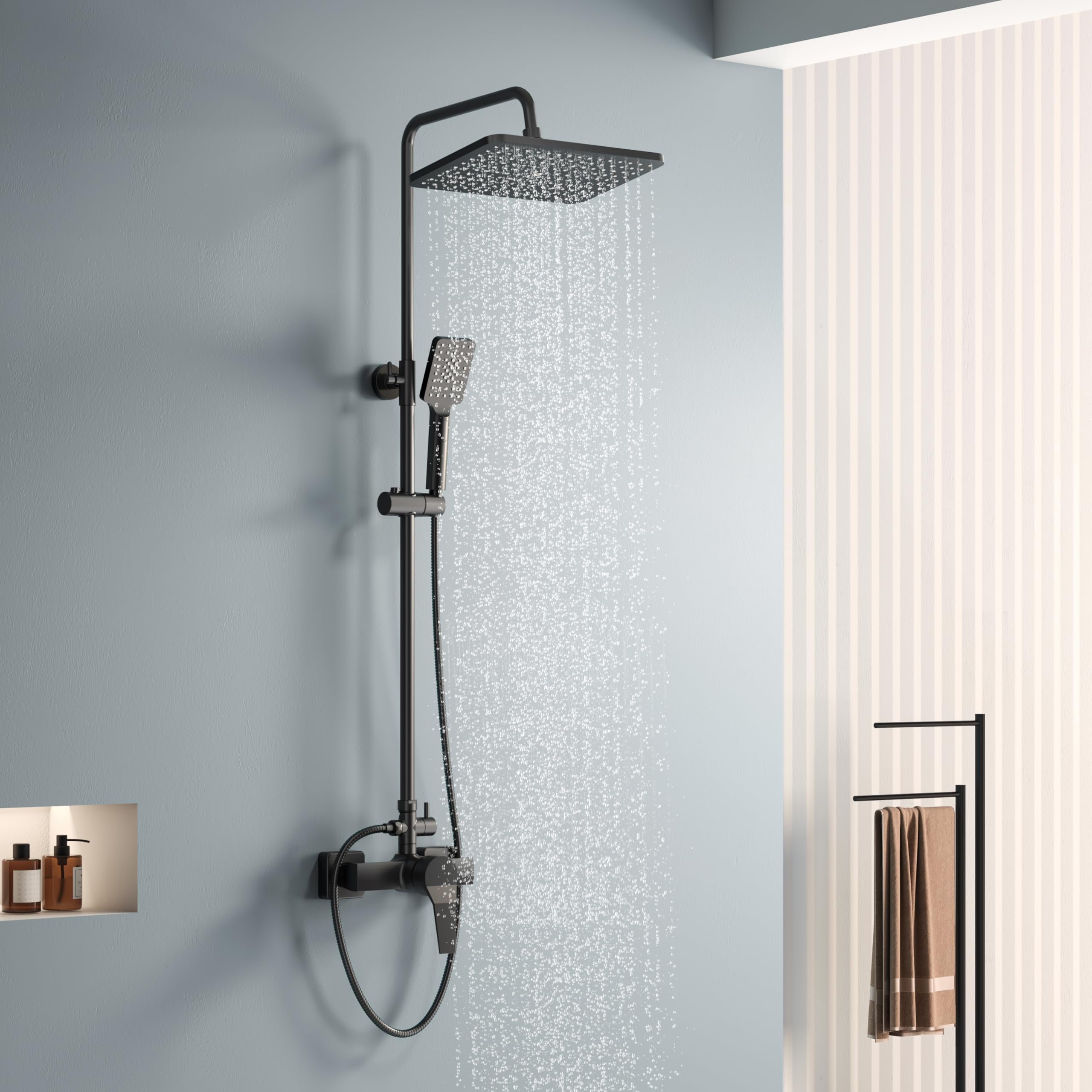 KOMIRO Duschsystem Schwarz, Duscharmatur Komplettset, Duschset mit Armatur, Regendusche Schwarz, Regendusche Duschkopf und Handbrause, Dusche Komplett für Badzimmer, Quadrat