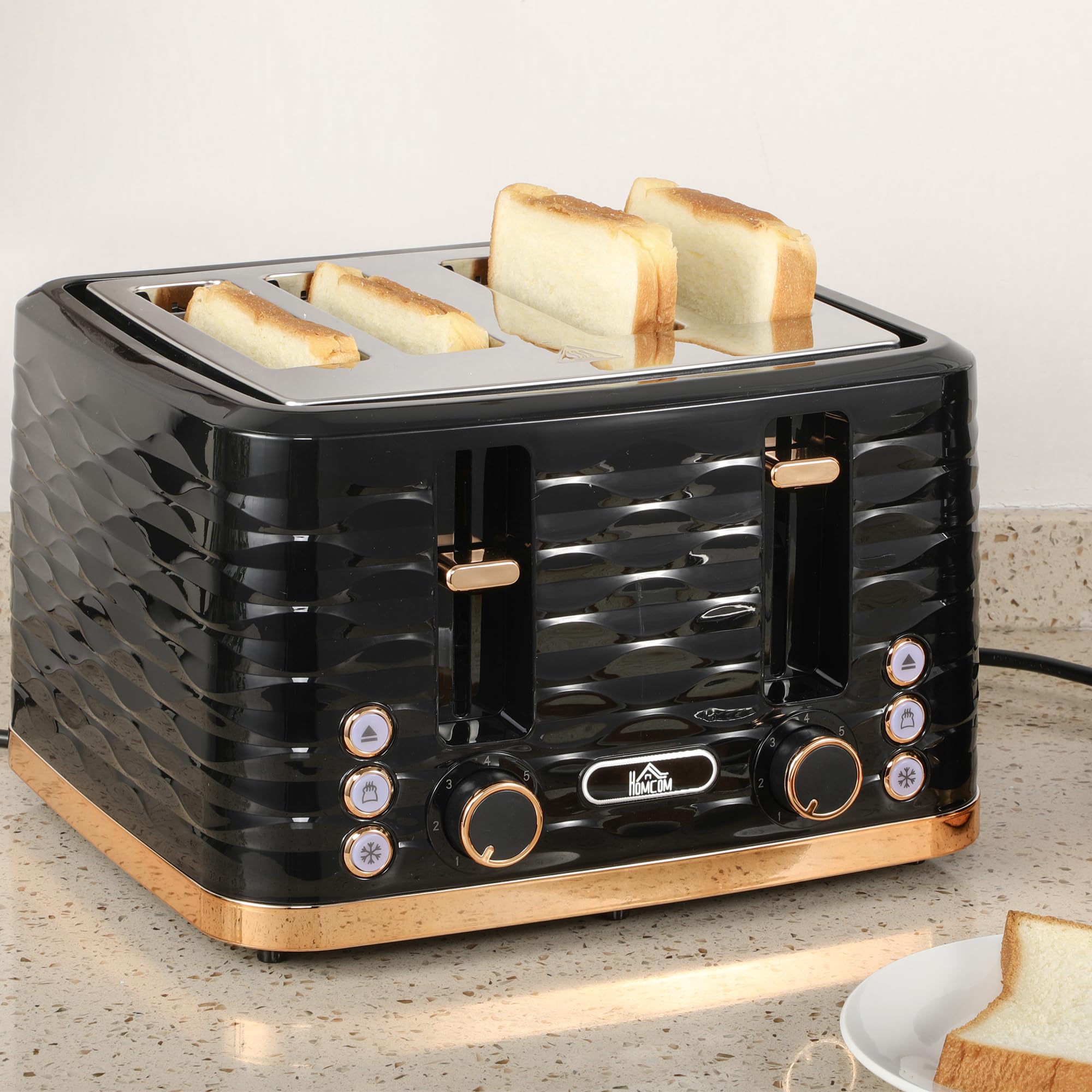 HOMCOM Tostadora 4 rebanadas con rejilla para pan, 7 niveles, función descongelar, función elevadora, bandeja recogemigas 1860 W Negro