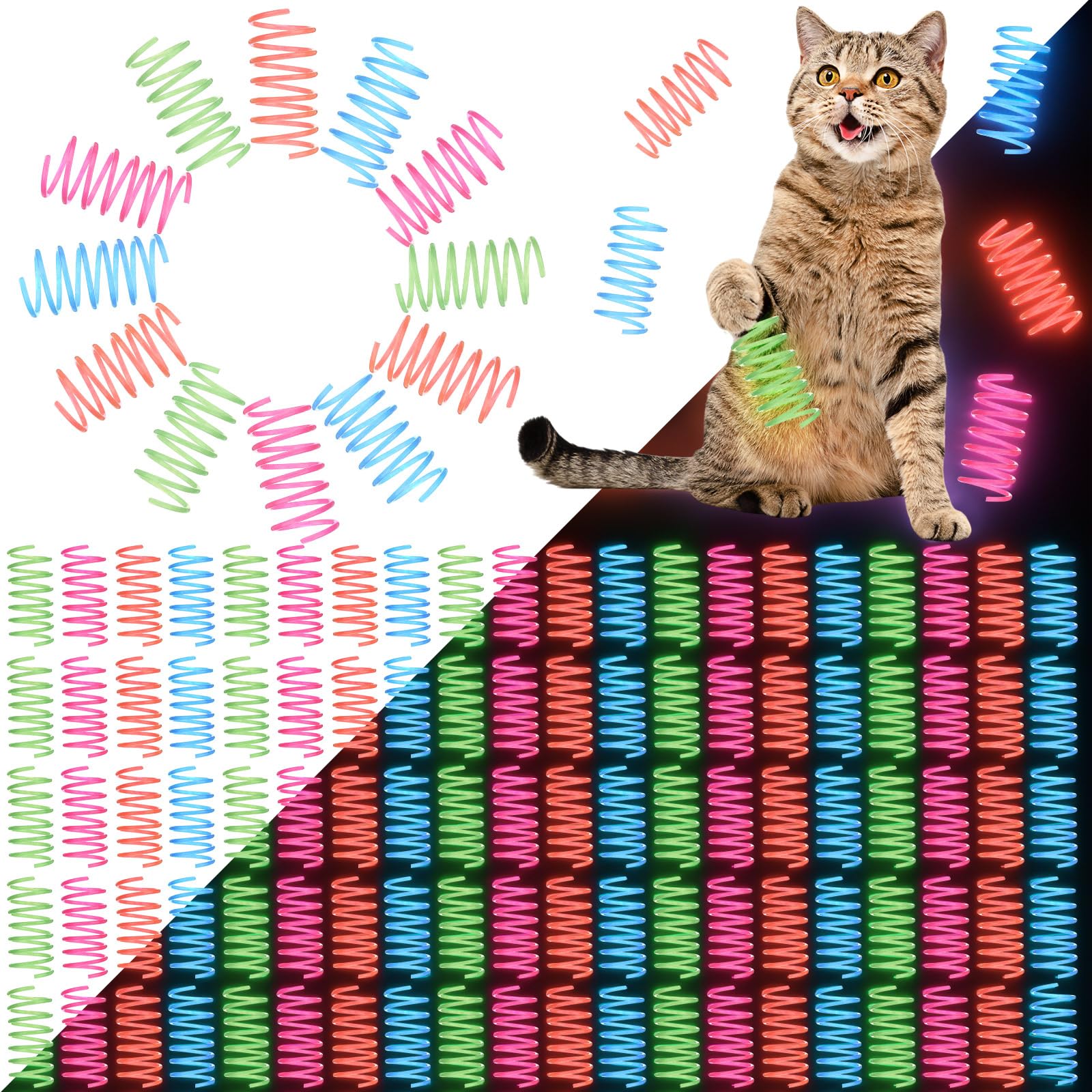 Sosation 100 Pcs Glow in The Dark Springs Cat Toys Kittens Wide Colorful Springs for Indoor Cats Jelly Color Plastic Coil Spiral Interactive Play Kitten Toys for Chase, Hunting and Exercise