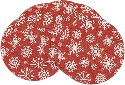 SHACOS Juego de 6 manteles individuales redondos de Navidad, copos de nieve blancos de 15 pulgadas, tejido de polipropileno, trenzado, para
