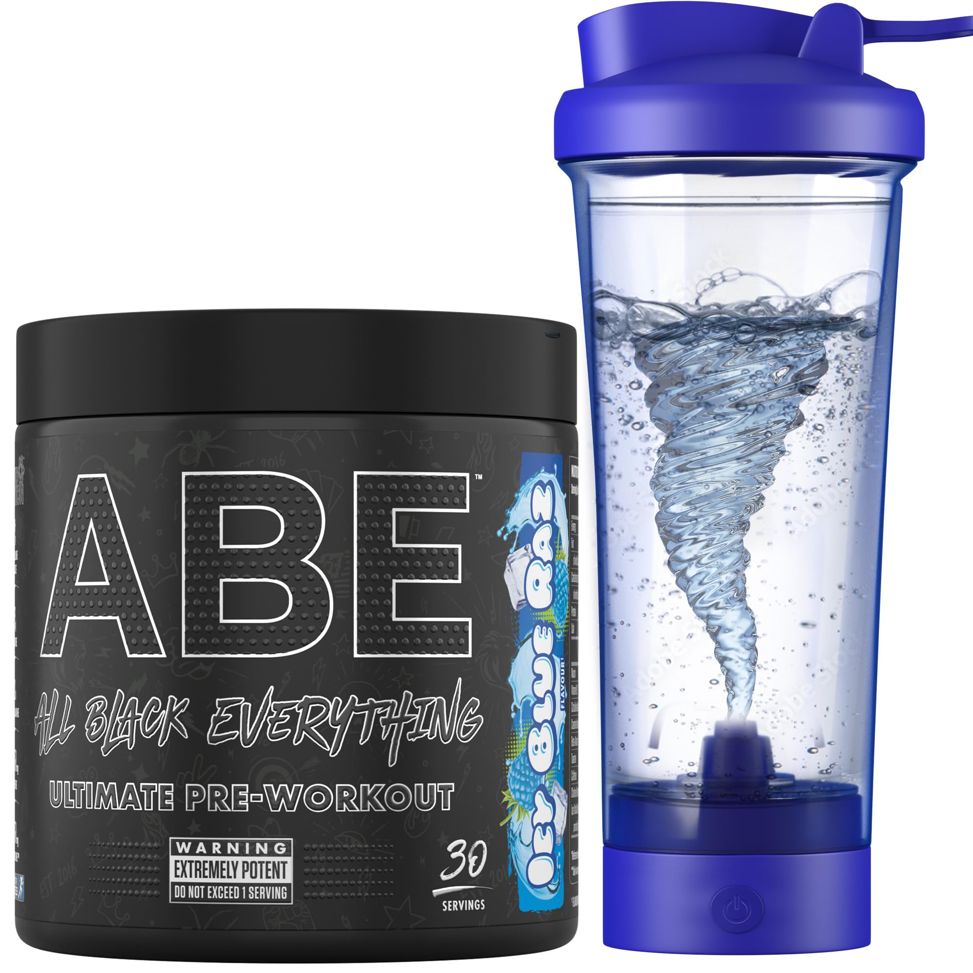 Applied Nutrition Bundle ABE Pre Workout 375g + Electric Shaker | All Black Everything Pre Workout Powder, Energy Drink, Physical Performance, Creatine, Beta Alanine, Caffeine (ICY Blue Raz)