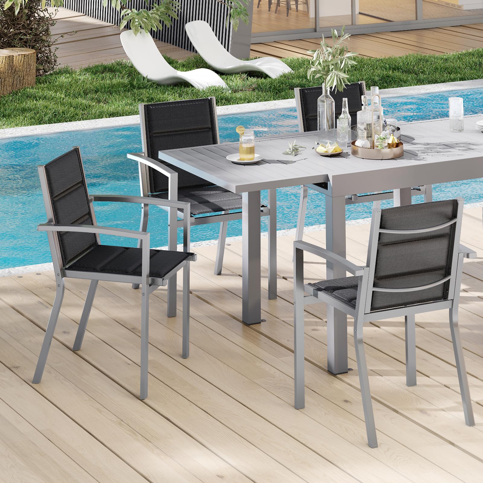 Devoko Chaises De Jardin Set De 6, Chaise De Salle À Manger Empilable en Aluminium, Fauteuil Jardin, Piscine, Terrasse, Salle À Manger, Meubles d'extérieu, Gris Clair