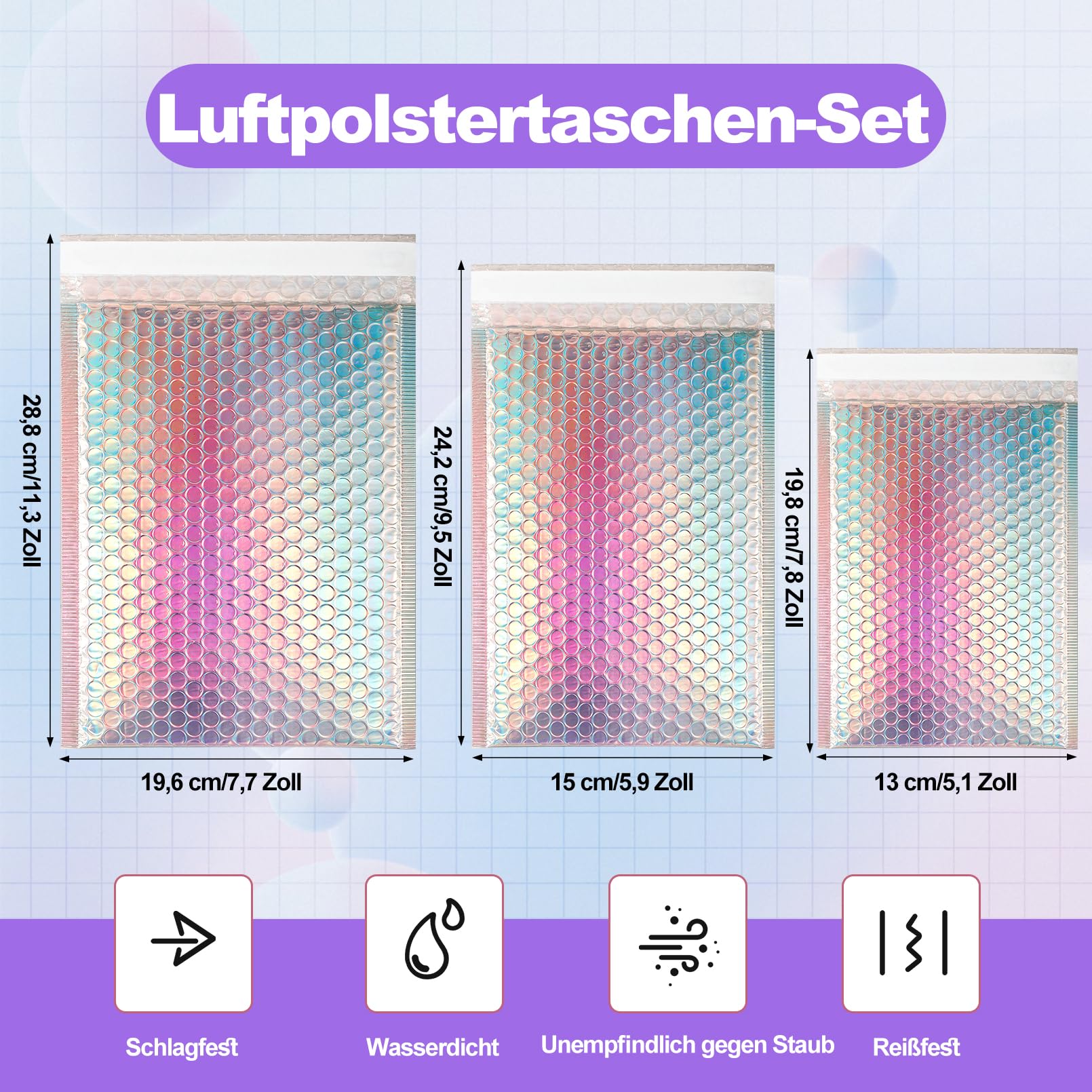 Lot de 50 enveloppes à bulles holographiques avec cartes de remerciement - Poly Bubble Mailer autocollant