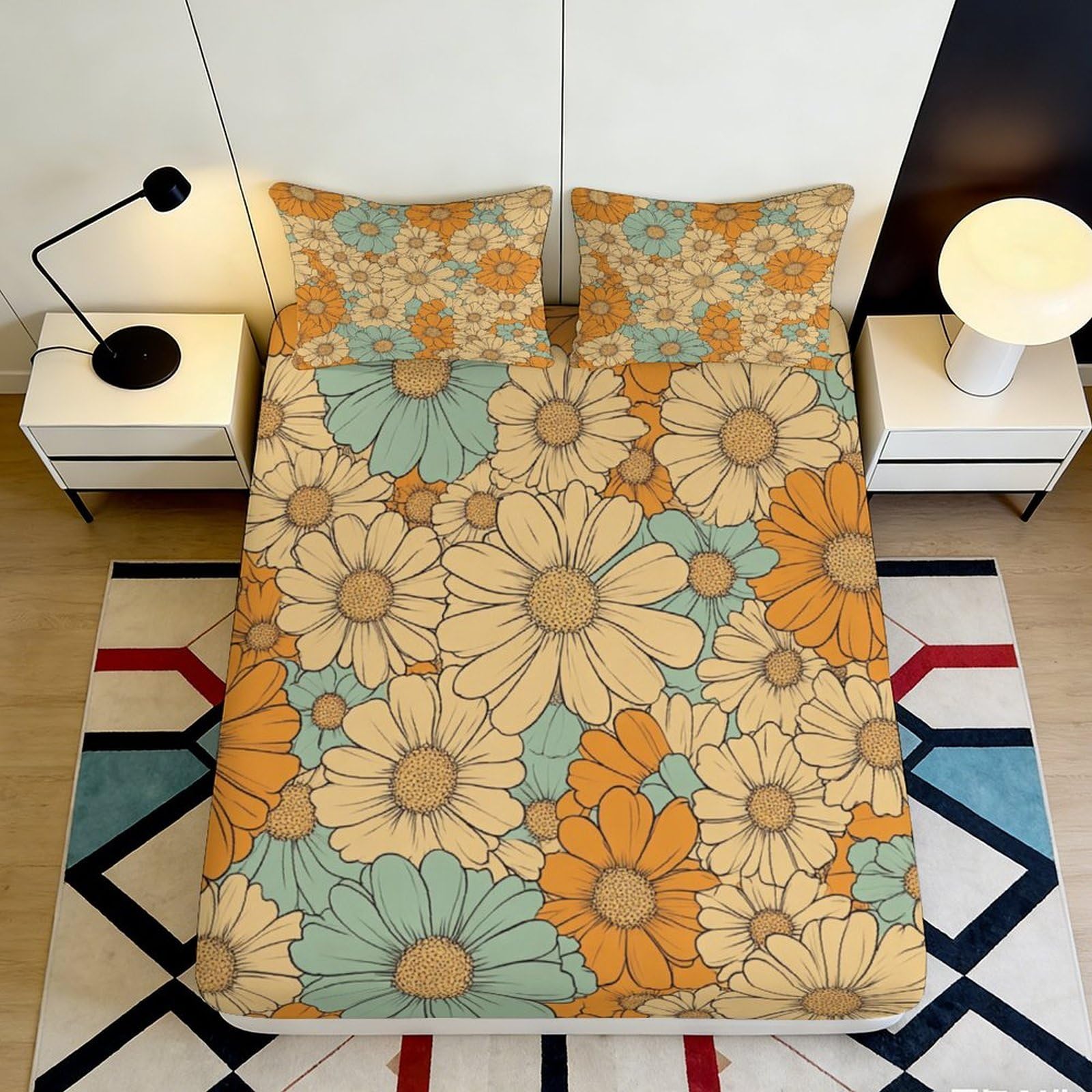 3D Printed Retro Floral Fitted Sheet Microfiber Soft Breathable Vintage Daisy Mattress Cover for Bedroom Guest Room Decor 90x200x25cm