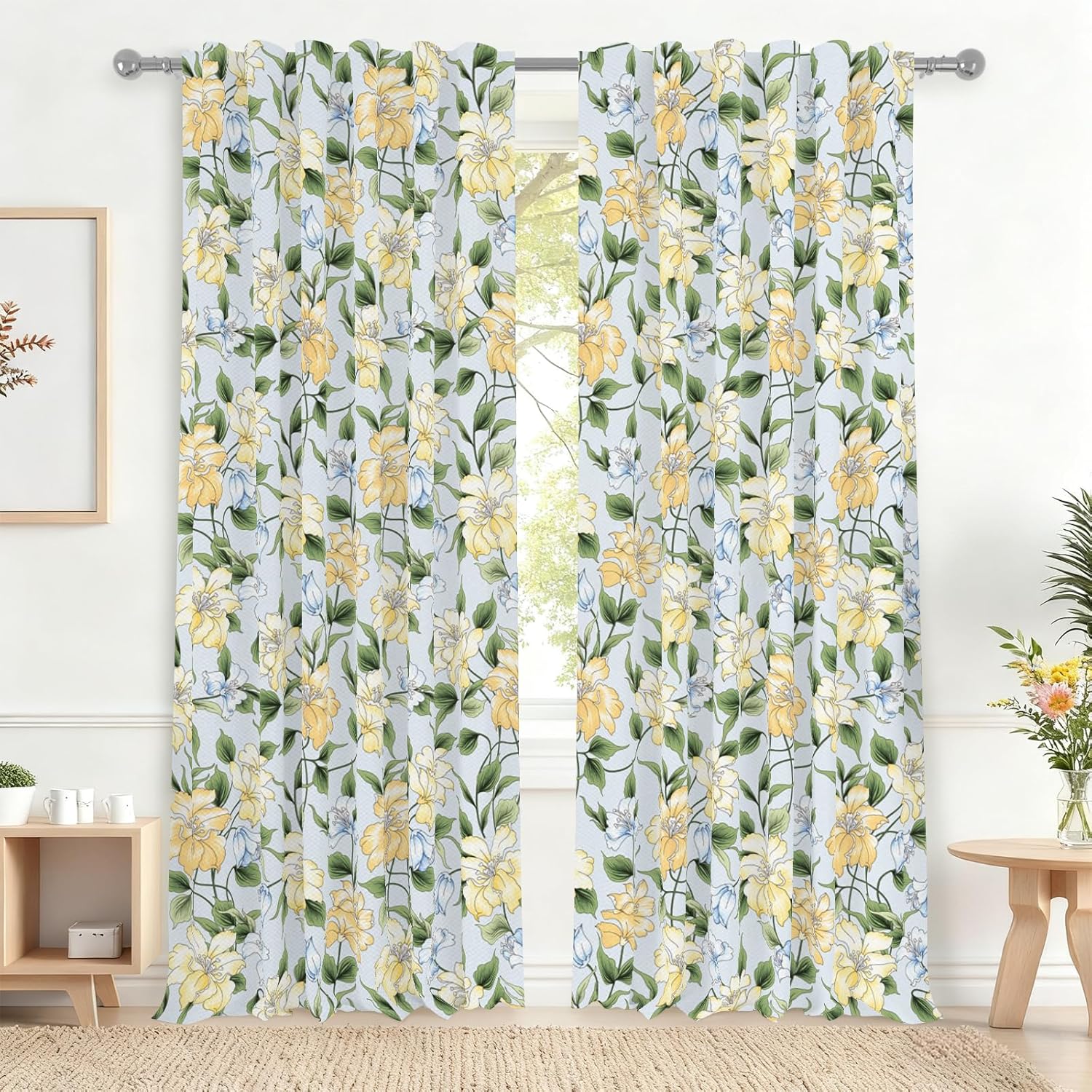 Renaiss 26 x 63 Inch Floral Blackout Curtains for Bedroom Living Room Thermal Insulated Curtains Room Darkening Curtains Printed Flower Leaf Rod Pocket Window Treatment Drapes Linen 2 Panels