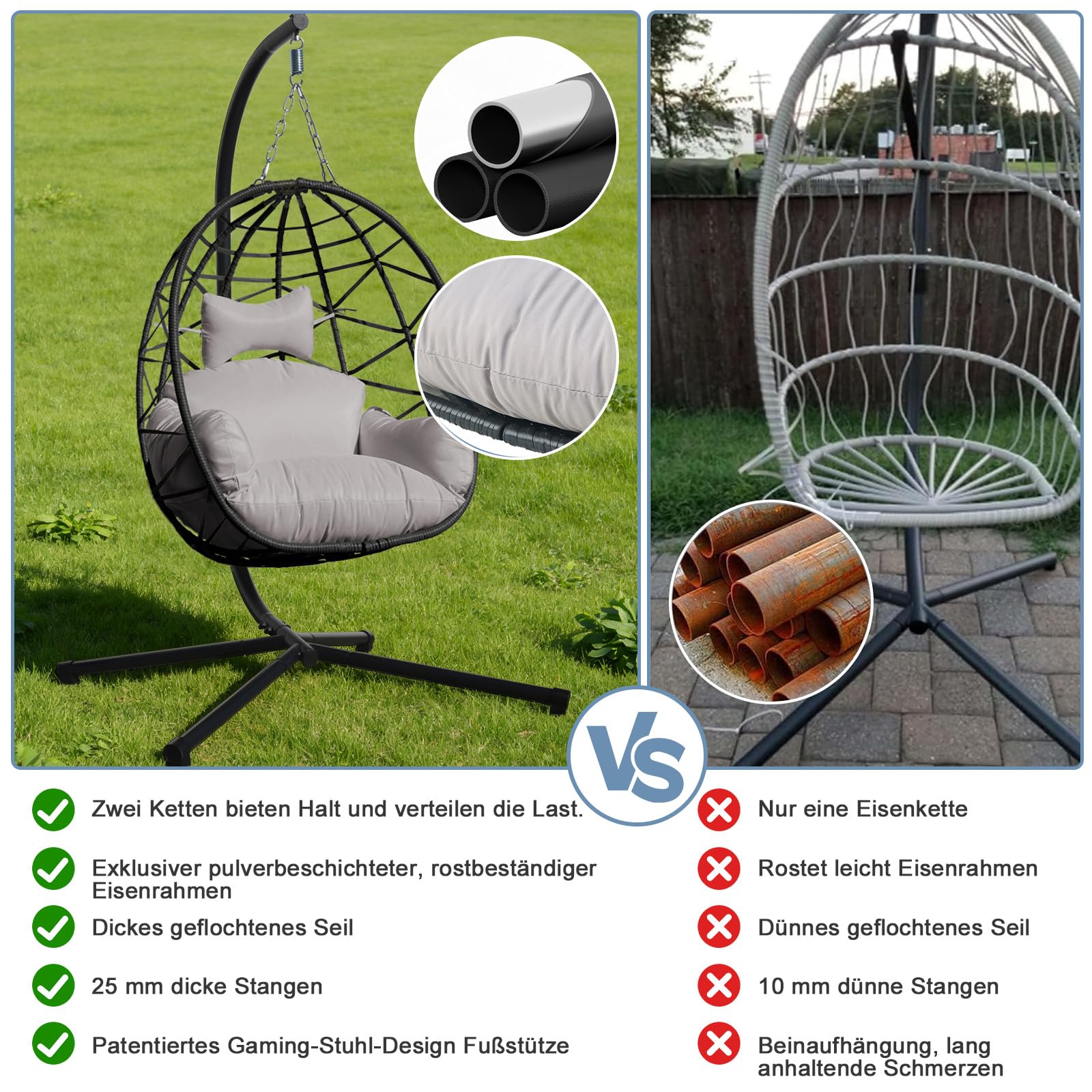 Hängesessel Ei mit Kissen & Gestell – Freistehender Hängestuhl für Innen & Außen – Faltbarer Schaukelstuhl für Garten, Terrasse & Balkon – 1-Sitzer, bis 180 kg belastbar (Schwarz)