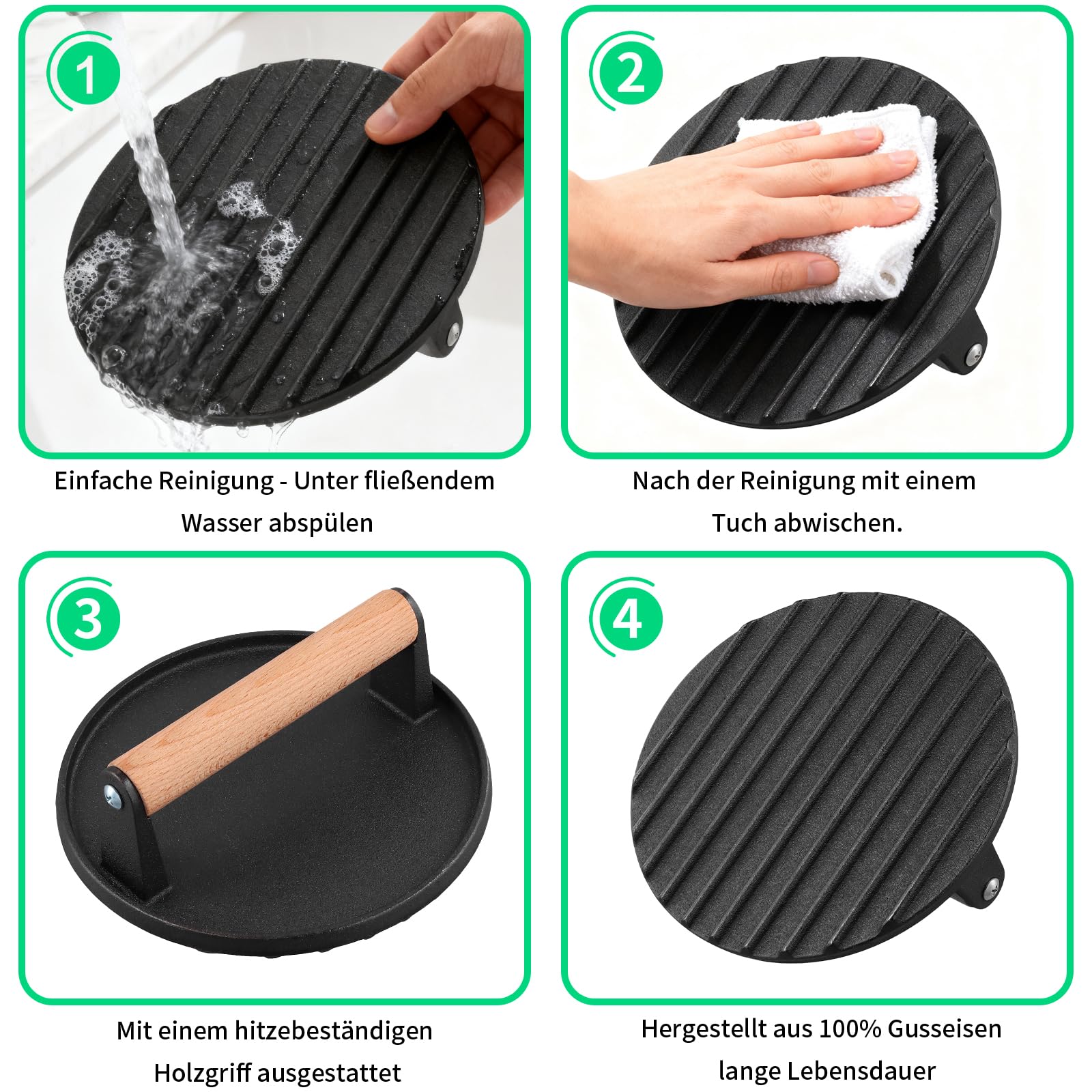 FUNSUEI Set di 2 Presse per Hamburger in Ghisa, 17,5 cm, 1 kg, Antiaderente, Manico in Legno, Smash Burger Press per BBQ, Bistecche e Griglia