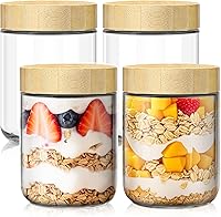 Vista 1 de 4 pack 16oz Overnight Oats Containers with Bamboo Lids, Glass Jars with Airtight Lids for Meal Prep, Wide Mouth Mason Salad Jars, Glass Food Storage