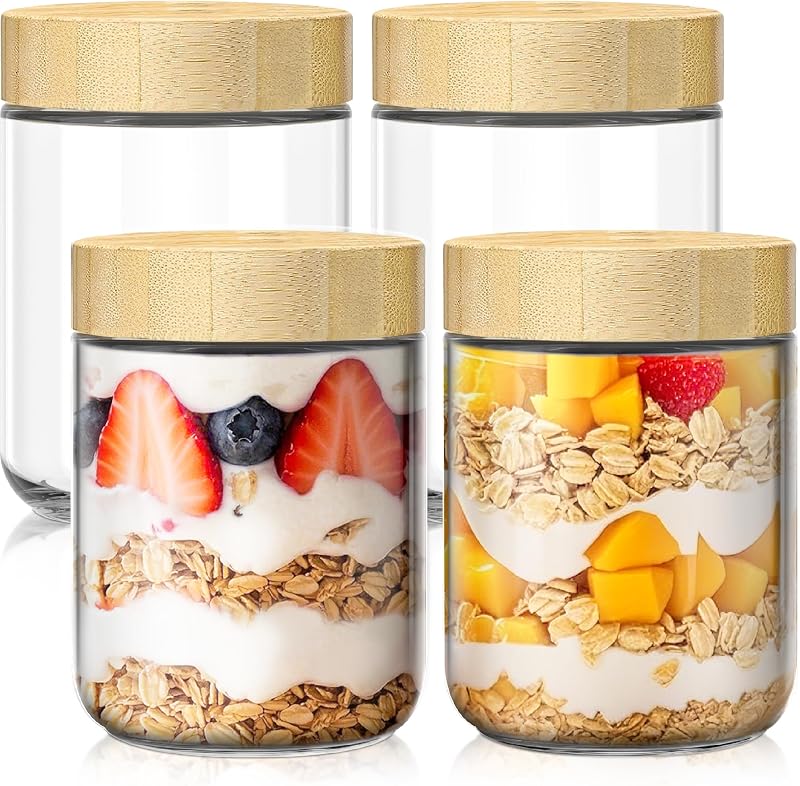16 oz Overnight Oats Containers with Bamboo Lids, Glass Mason Jars 4 Pack | Airtight Seal Keeps Leakproof, Wide Mouth for Easy Filling & Cleaning, Ideal for Chia Pudding, Yogurt Parfaits & Meal Prep