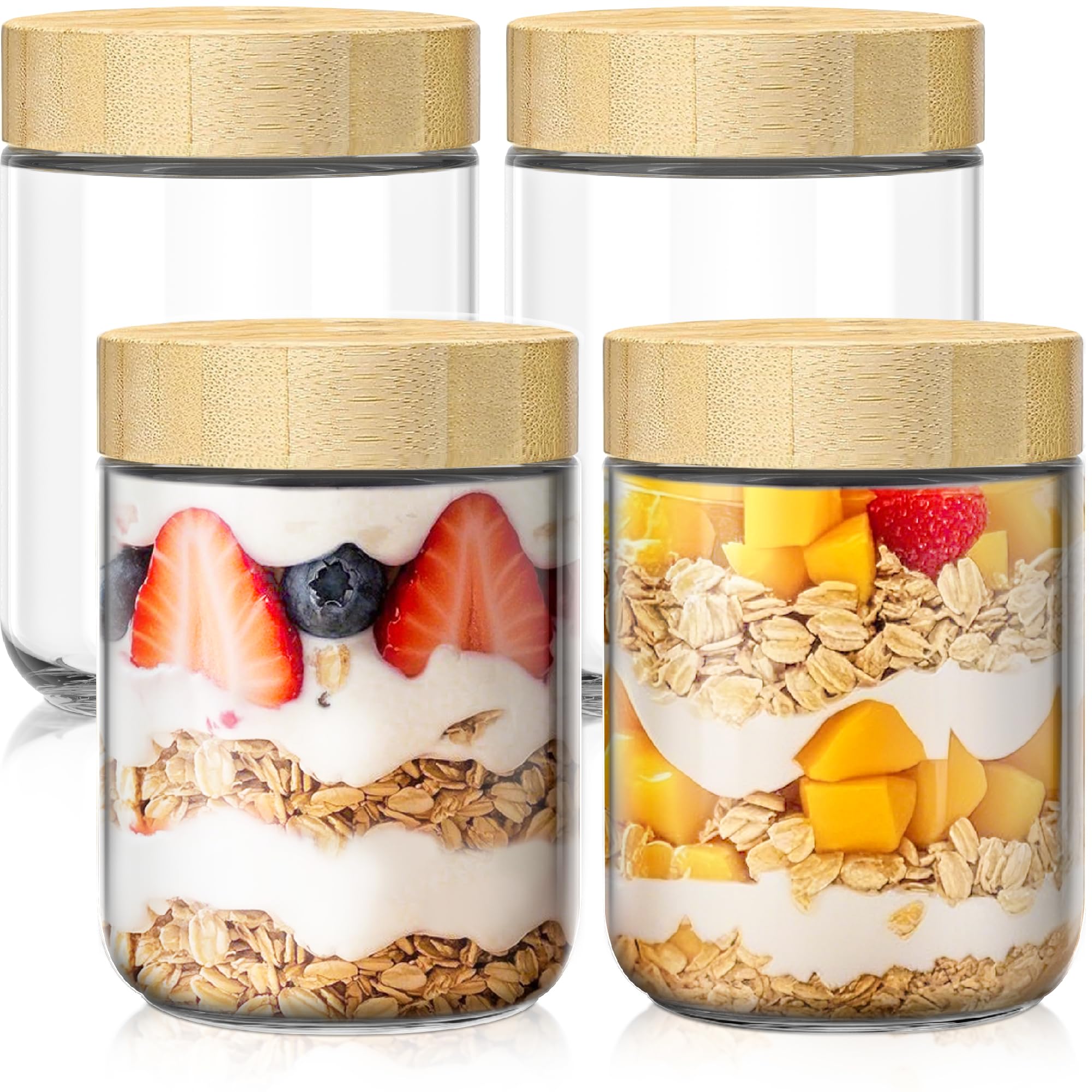 Recipientes de avena nocturna de 16 onzas con tapas, tarros de vidrio con tapas de bambú, tarros de vidrio para preparación de comidas con tapas herméticas para yogur, ensalada, chia, tarro Mason de