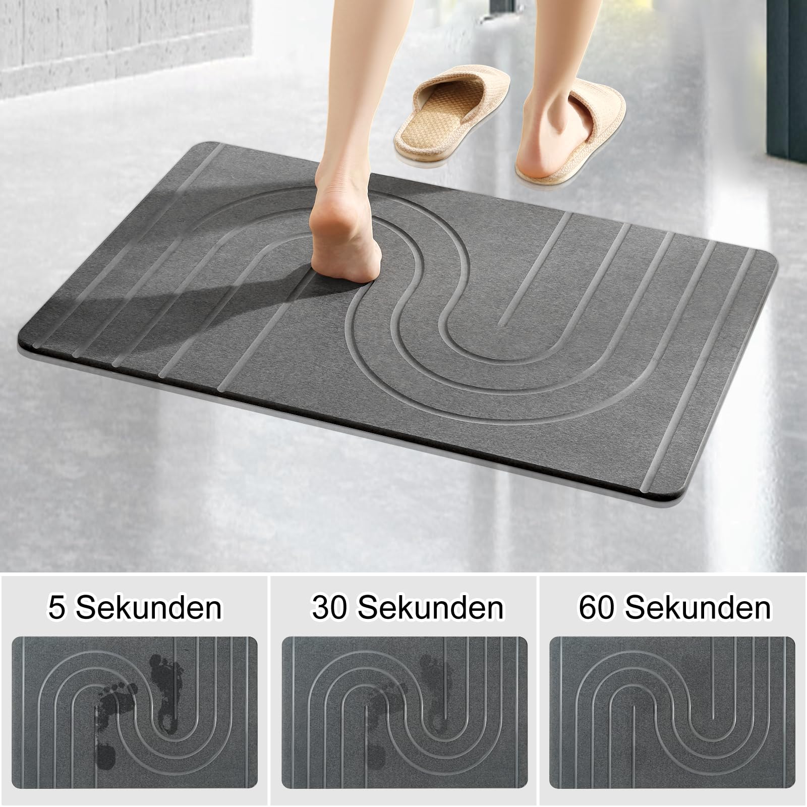 Groß Stein Badenmatte 80x50cm, 2024 Neu Kieselgur Badematte rutschfest, Duschvorleger Badvorleger Schnell Trocknend 100% Natürlich, Super Saugfähig Badezimmermatte (Grau, 80x50cm)