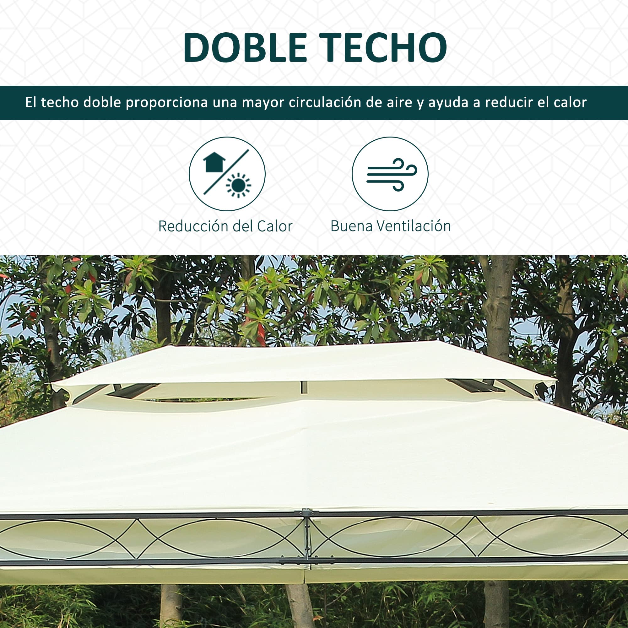 Outsunny Cenador de Jardín 4x3m Pabellón con Techo Doble Transpirable y 4 Cortinas Laterales Extraíbles Carpa de Acero Anti-UV Gazebo para Fiestas Bodas Eventos al Aire Libre Crema | Pabellón de Jardín Gazebo, Marco de Acero, 8 Orificios de Drenaje, Anti-