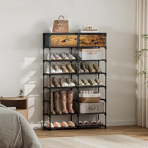 Miniatura 2 de Zapatero alto, organizador de zapatos de 8 niveles con 2 cajones grandes, almacenamiento de zapatos para 28-32 pares, estante de zapatos de metal