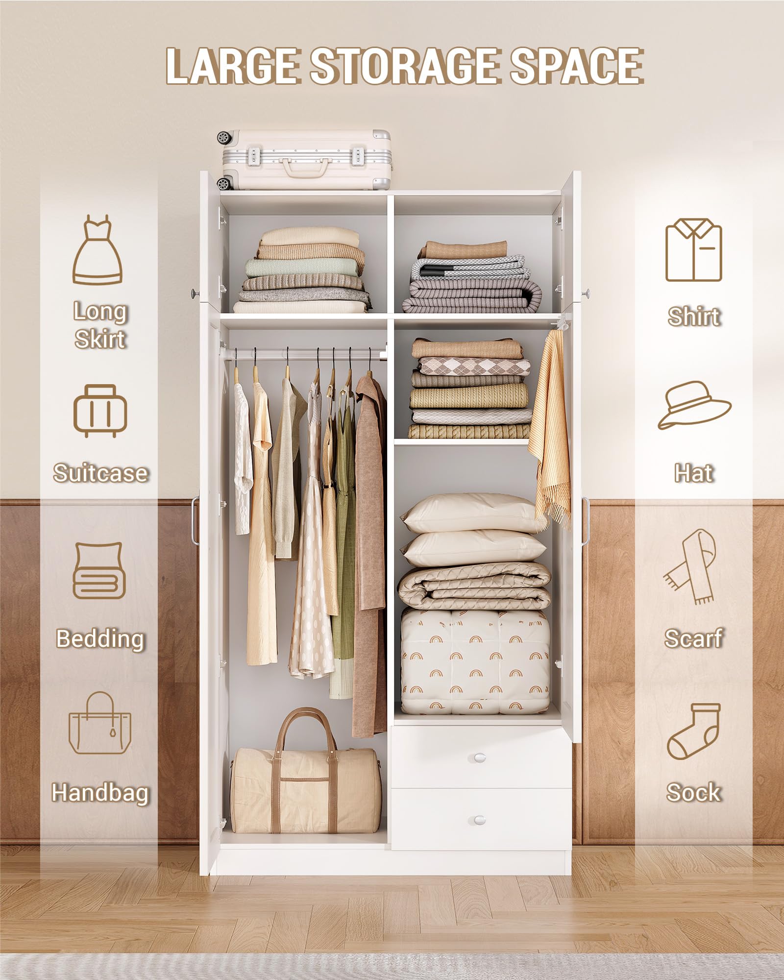 Hzuaneri Armoire avec 4 Portes 2 Tiroirs, Armoire avec Tringle et Étagère de Rangement, Penderie pour Chambre à Coucher, Chambre d'amis et Petits Espaces, Blanc, BW08003E