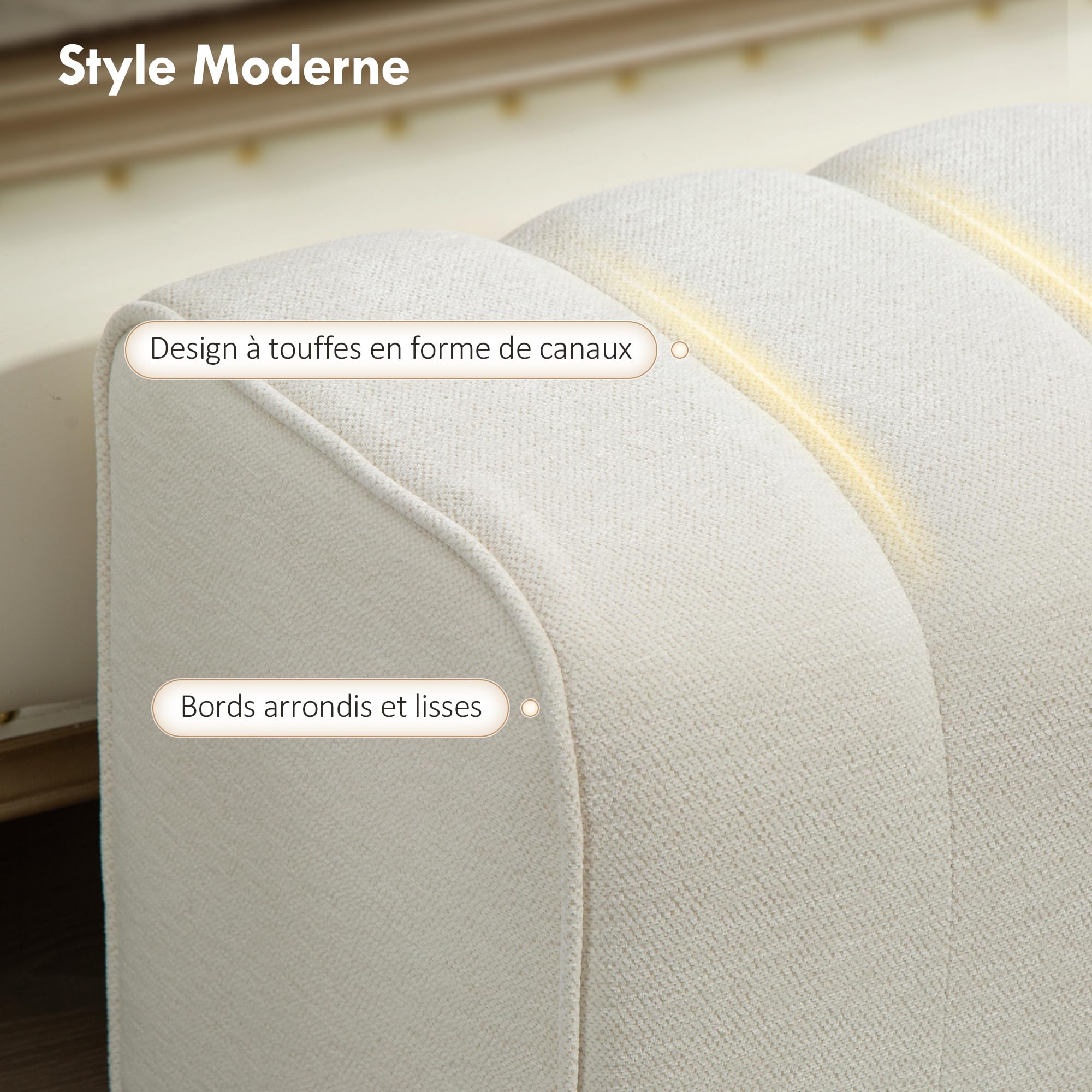 HOMCOM Banc Bout de lit, Banquette rembourrée, Style Moderne, 110 x 40 x 44 cm, Ottoman en Tissu Aspect Lin, Charge jusqu'à 220 kg, Repose-Pieds pour Chambre, Couloir, Salon, crème