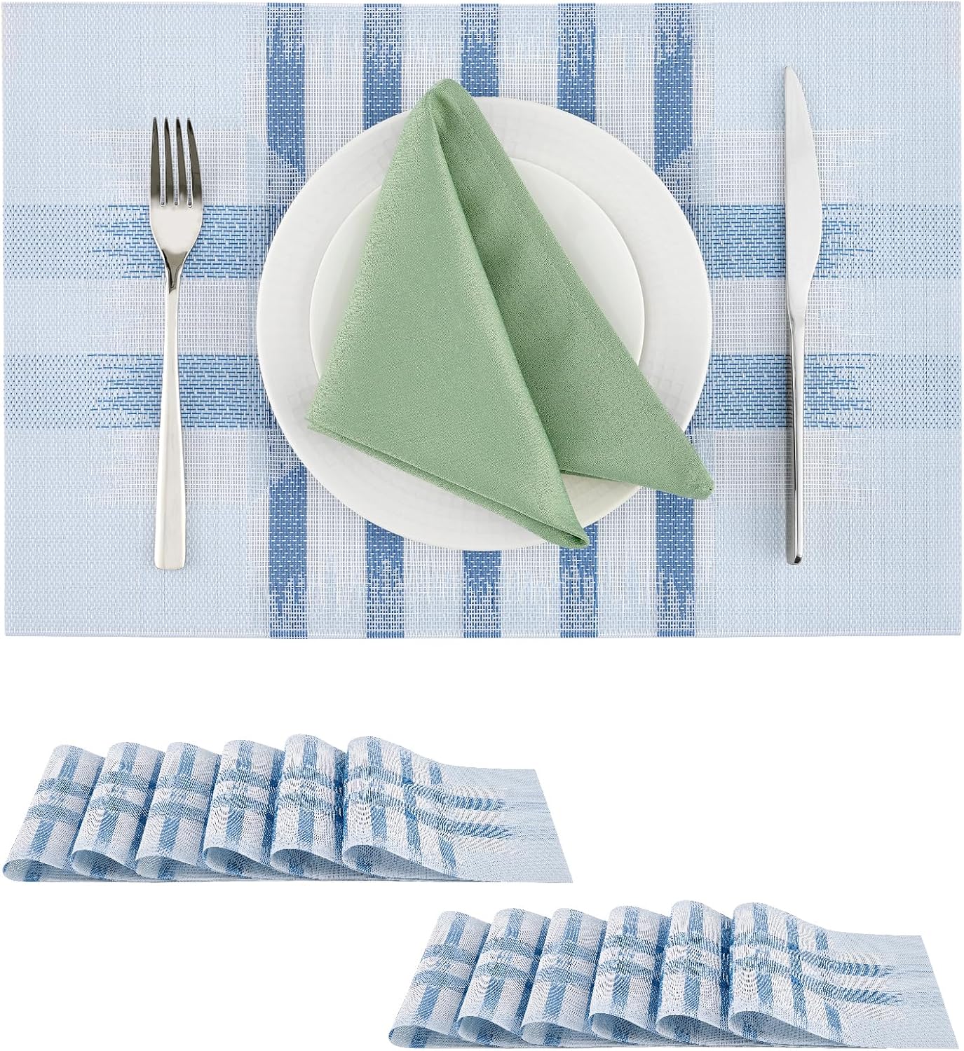 Leetaltree Geometric Print Blue Placemats Set of 12 - Heat Resistant Non-Slip Place mats for Dining Table, Washable Durable PVC Vinyl Woven Table Mats (Geometric Blue, 12) Geometric Blue Set of 12